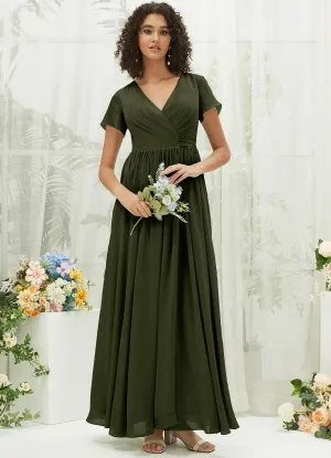Olive Chiffon Short Sleeve V-Neck Wrap Pleated  Bridesmaid Dress