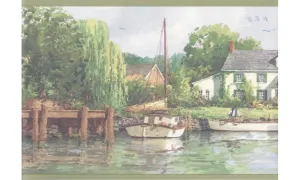 Olive White Boat Lakeshore Scenery HRB4157 Wallpaper Border