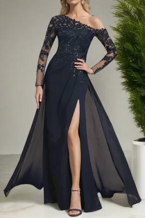 One Shoulder A-Line  Long Sleeves Chiffon Mother of The Bride Dresses with High Split