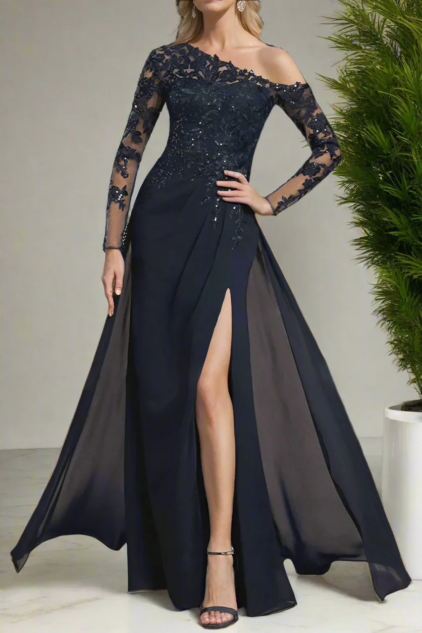 One Shoulder A-Line  Long Sleeves Chiffon Mother of The Bride Dresses with High Split