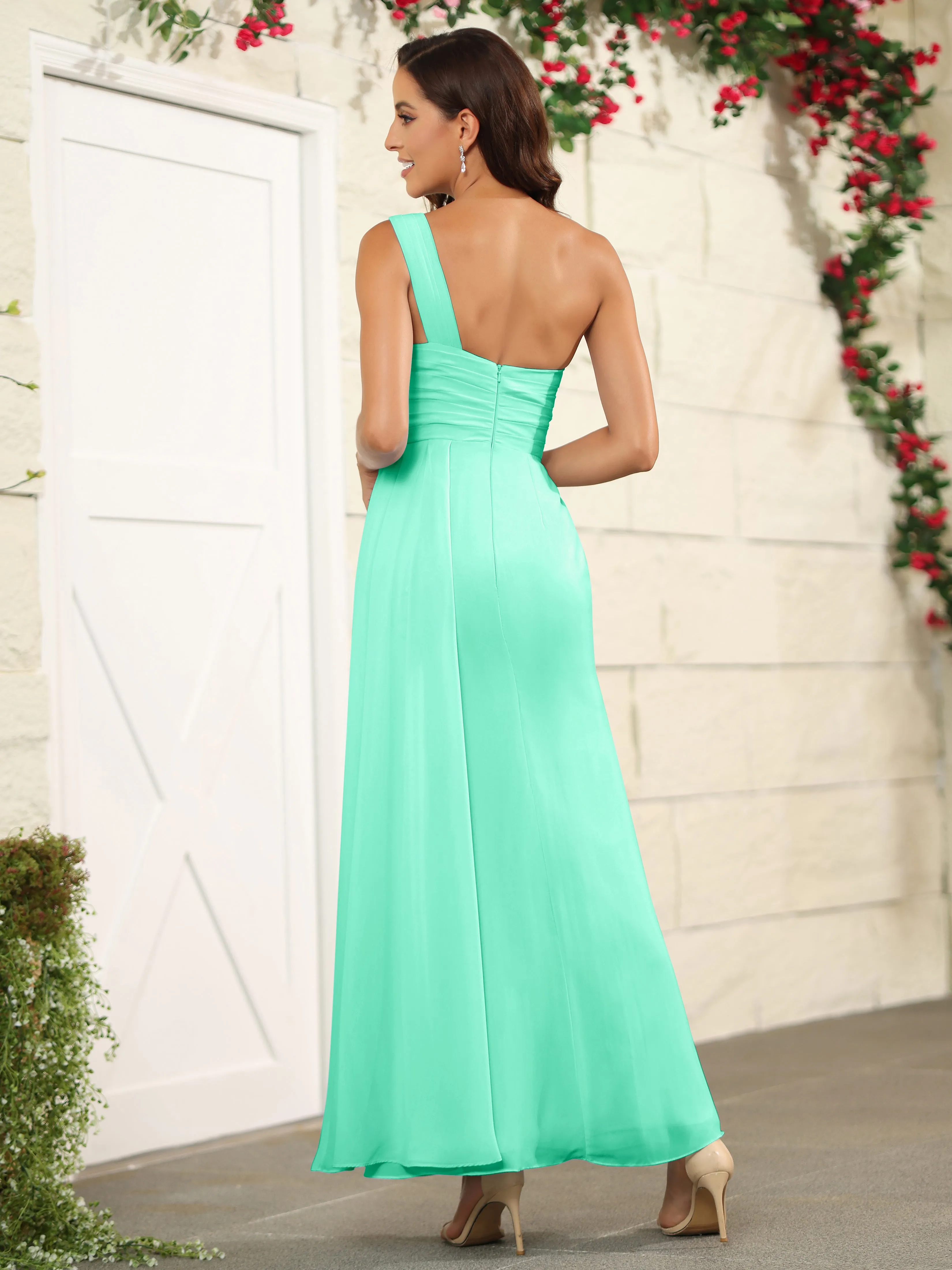 One Shoulder Chiffon Long Bridesmaid Dress with Split