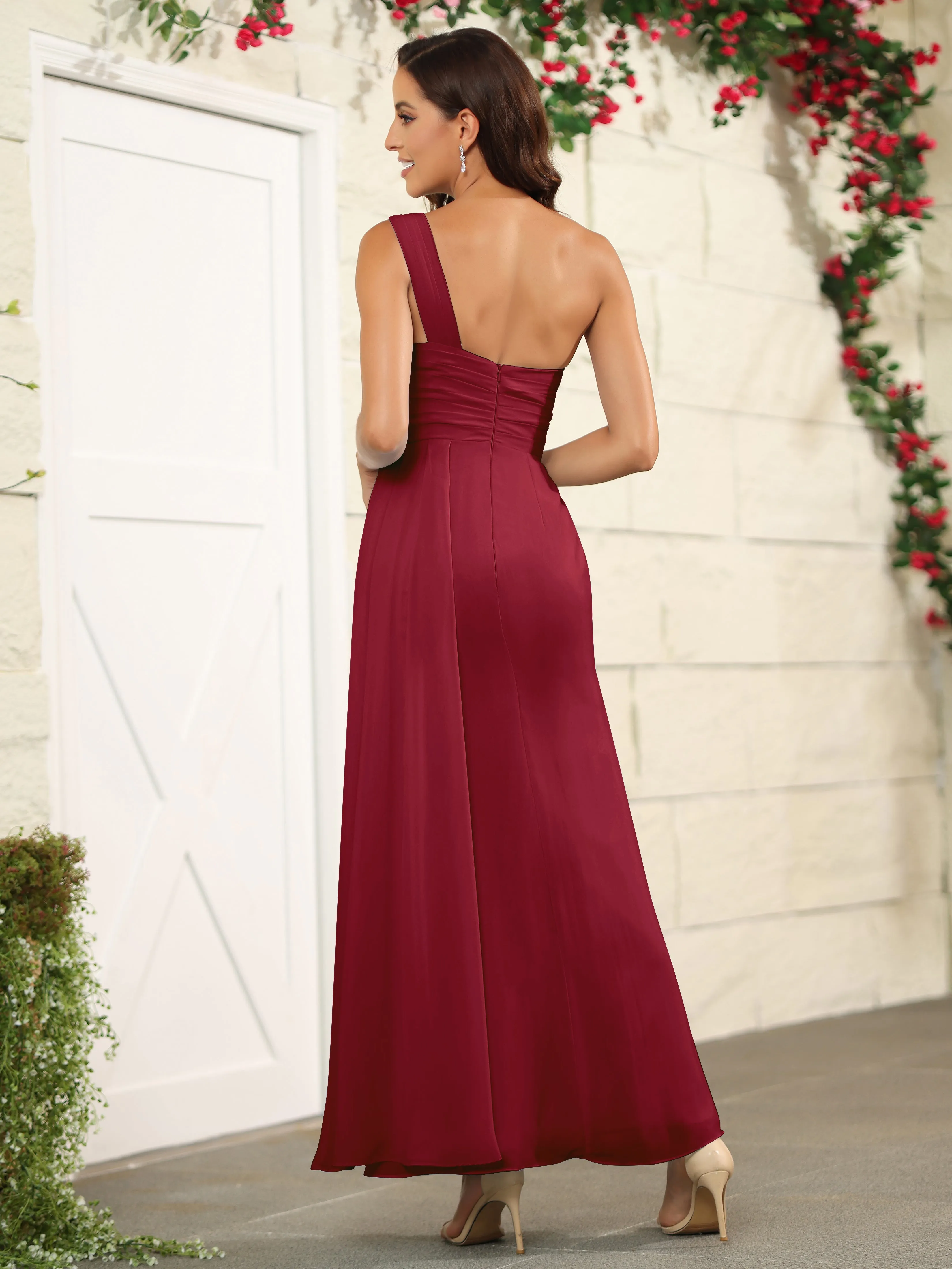 One Shoulder Chiffon Long Bridesmaid Dress with Split