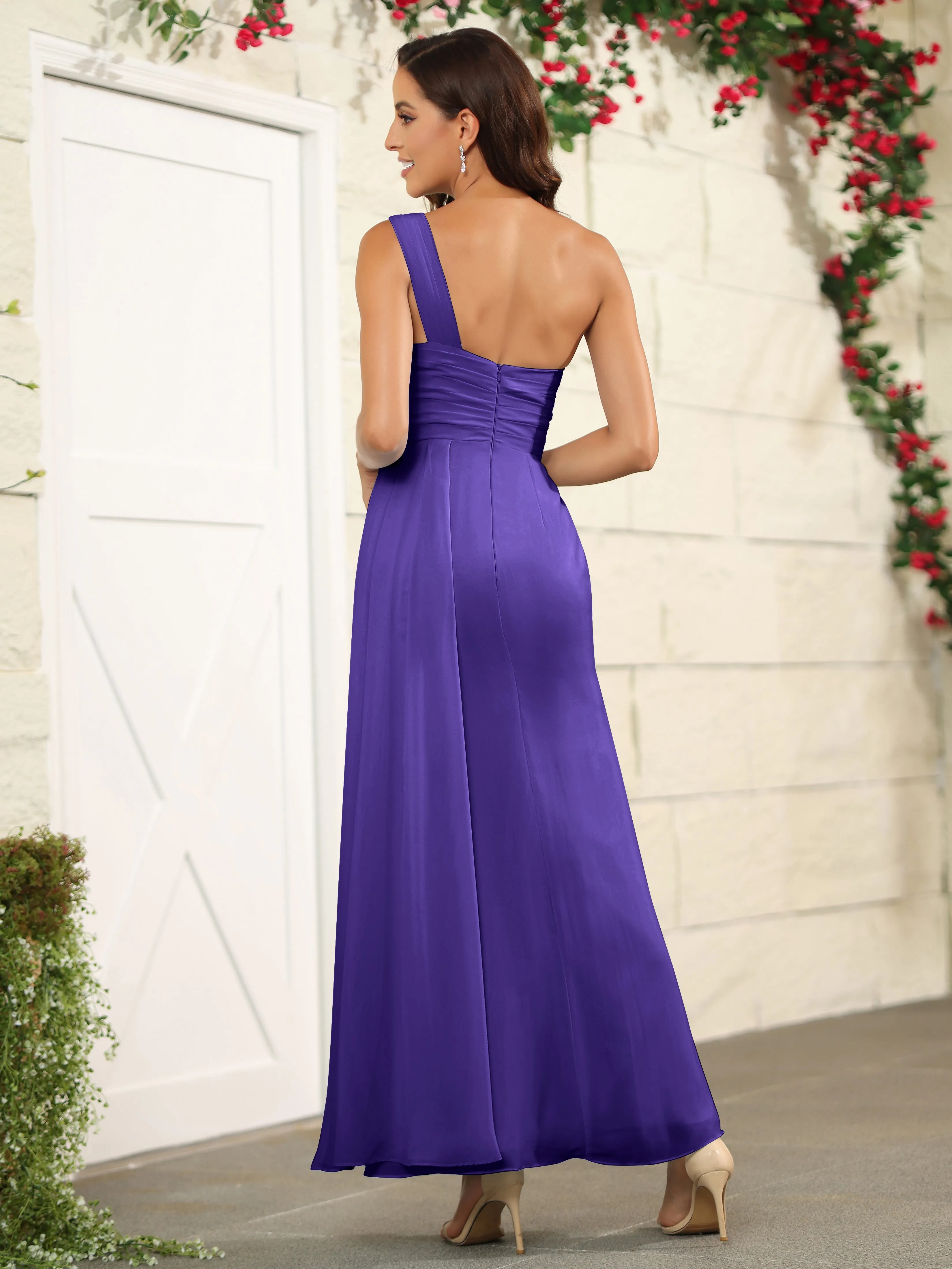One Shoulder Chiffon Long Bridesmaid Dress with Split