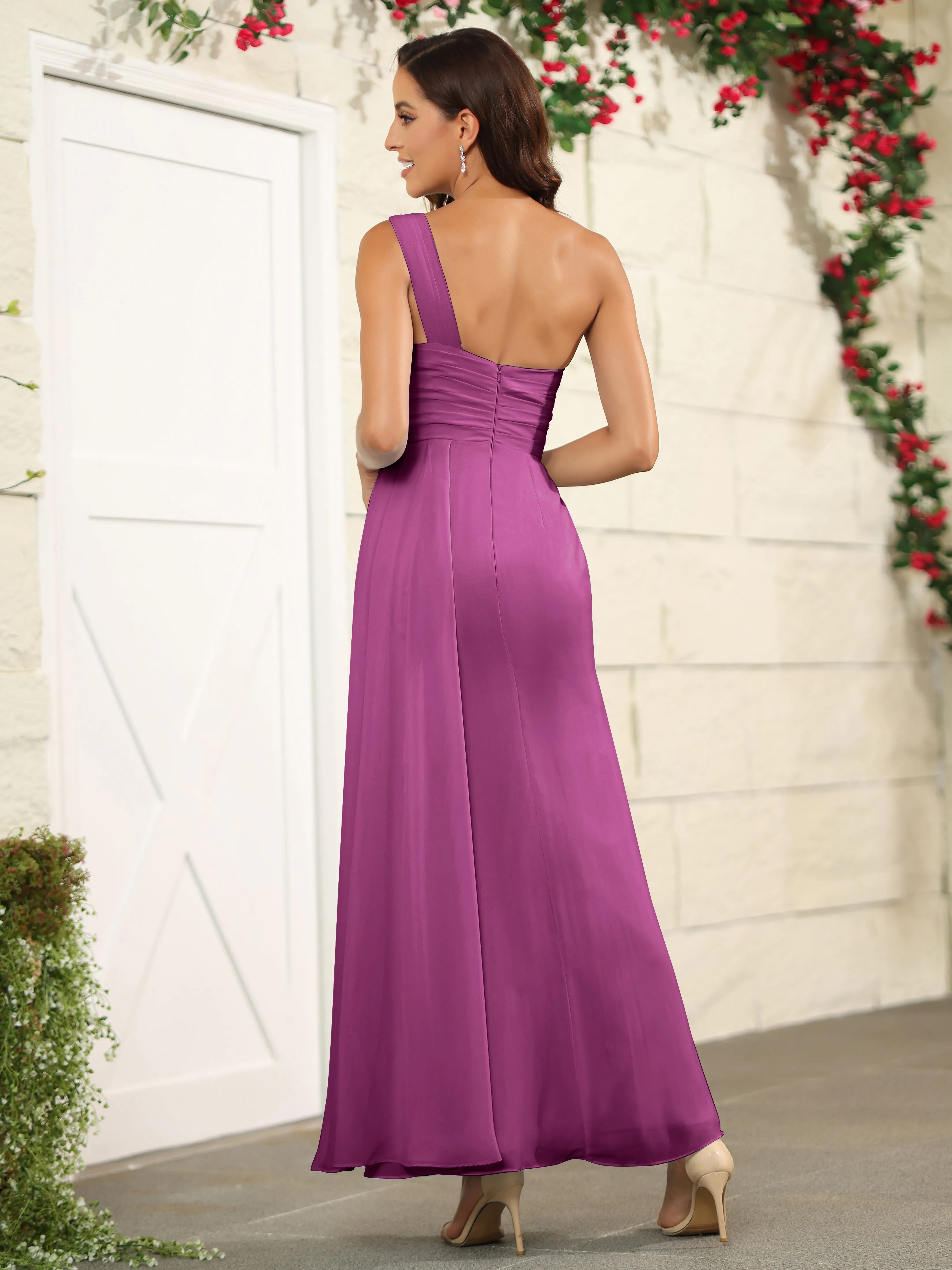 One Shoulder Chiffon Long Bridesmaid Dress with Split