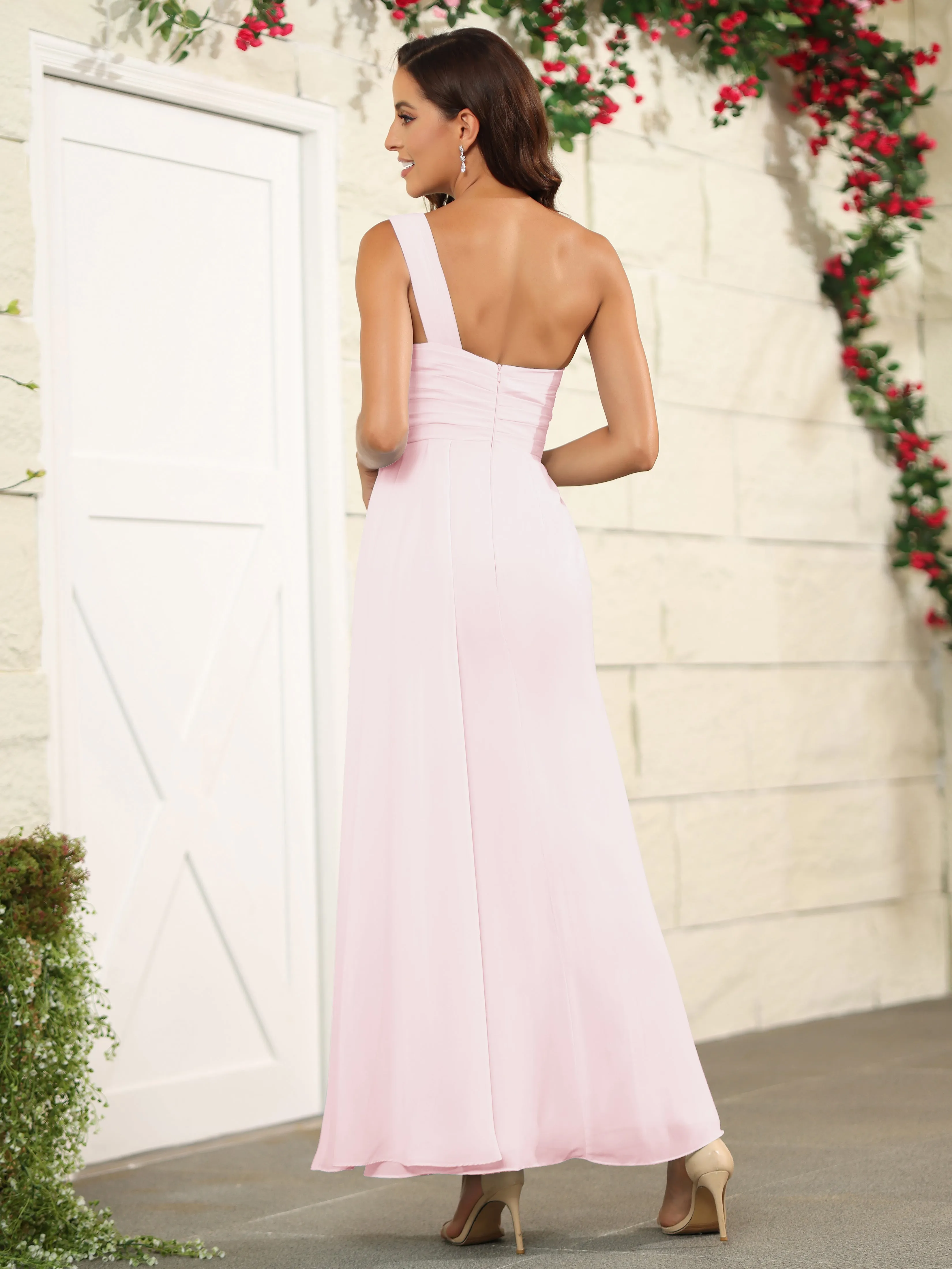 One Shoulder Chiffon Long Bridesmaid Dress with Split