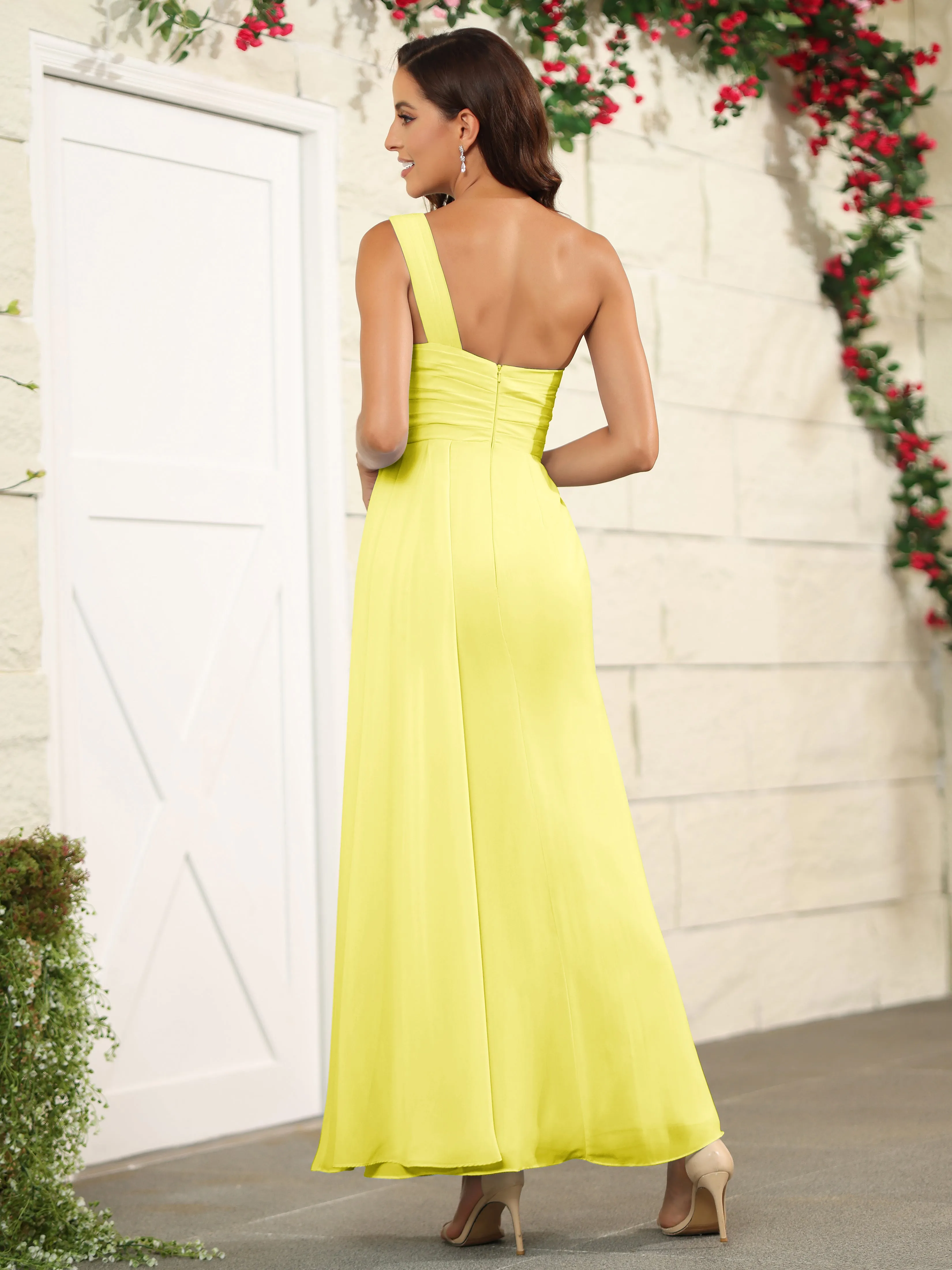 One Shoulder Chiffon Long Bridesmaid Dress with Split