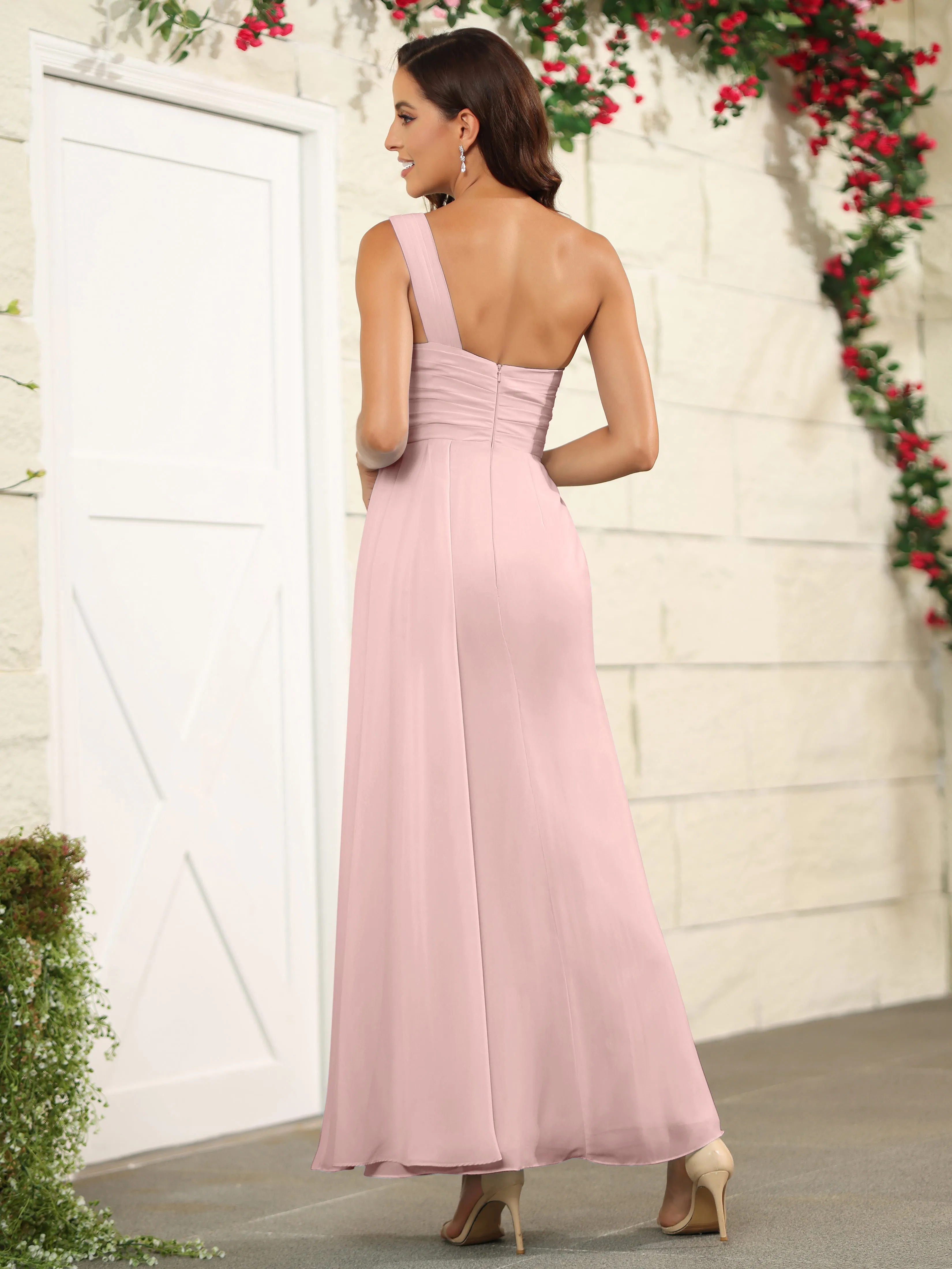 One Shoulder Chiffon Long Bridesmaid Dress with Split