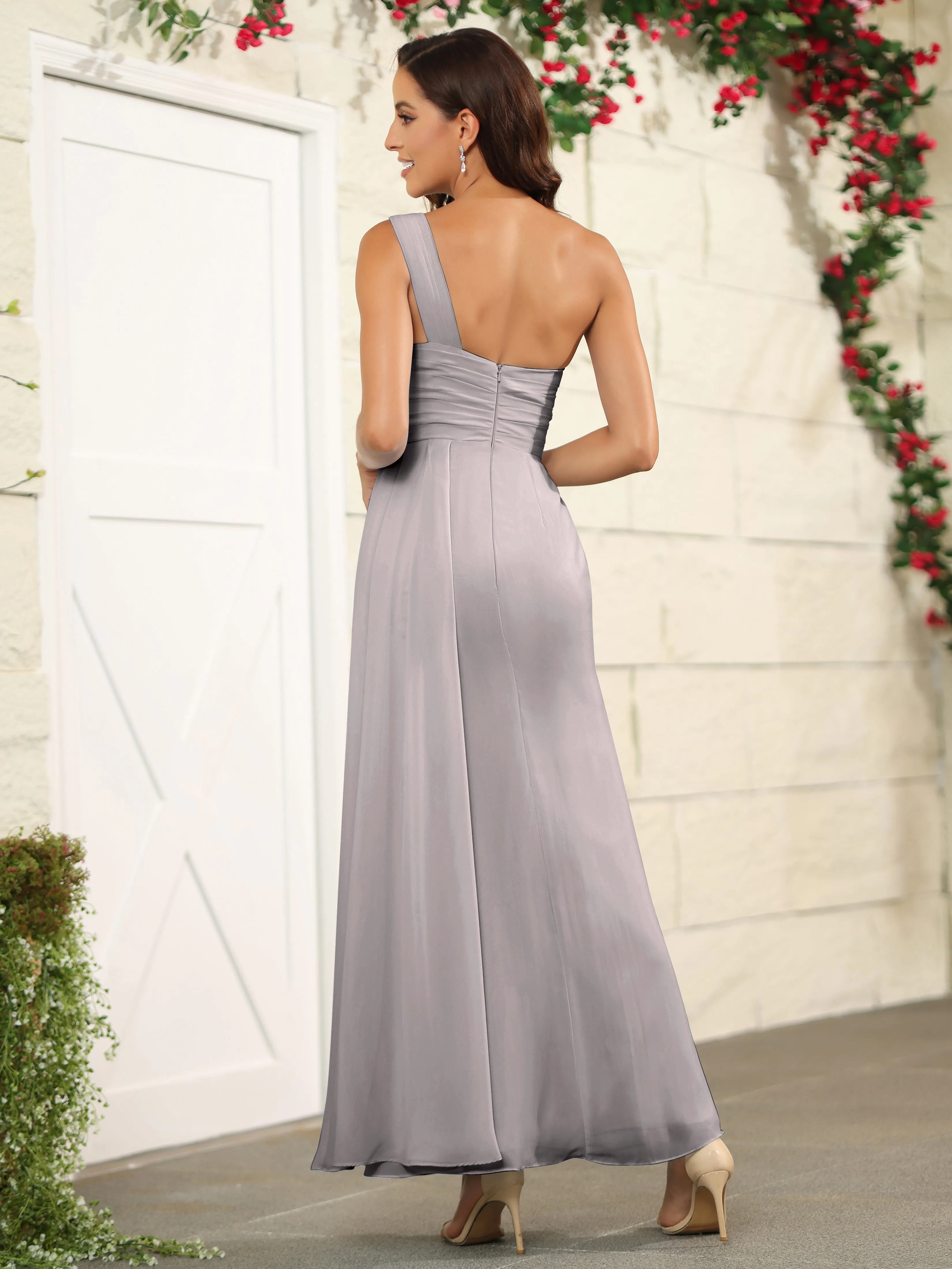 One Shoulder Chiffon Long Bridesmaid Dress with Split