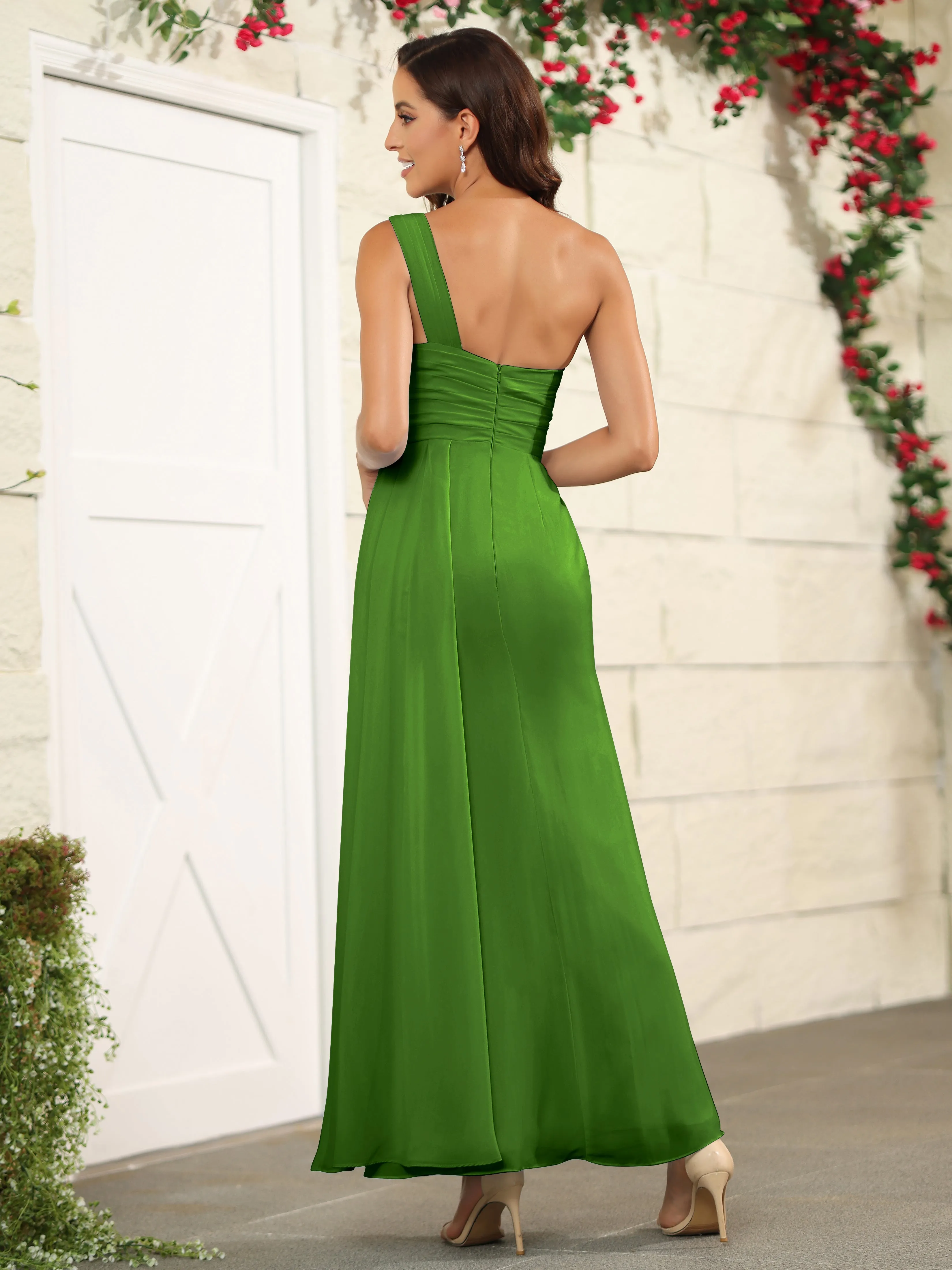 One Shoulder Chiffon Long Bridesmaid Dress with Split