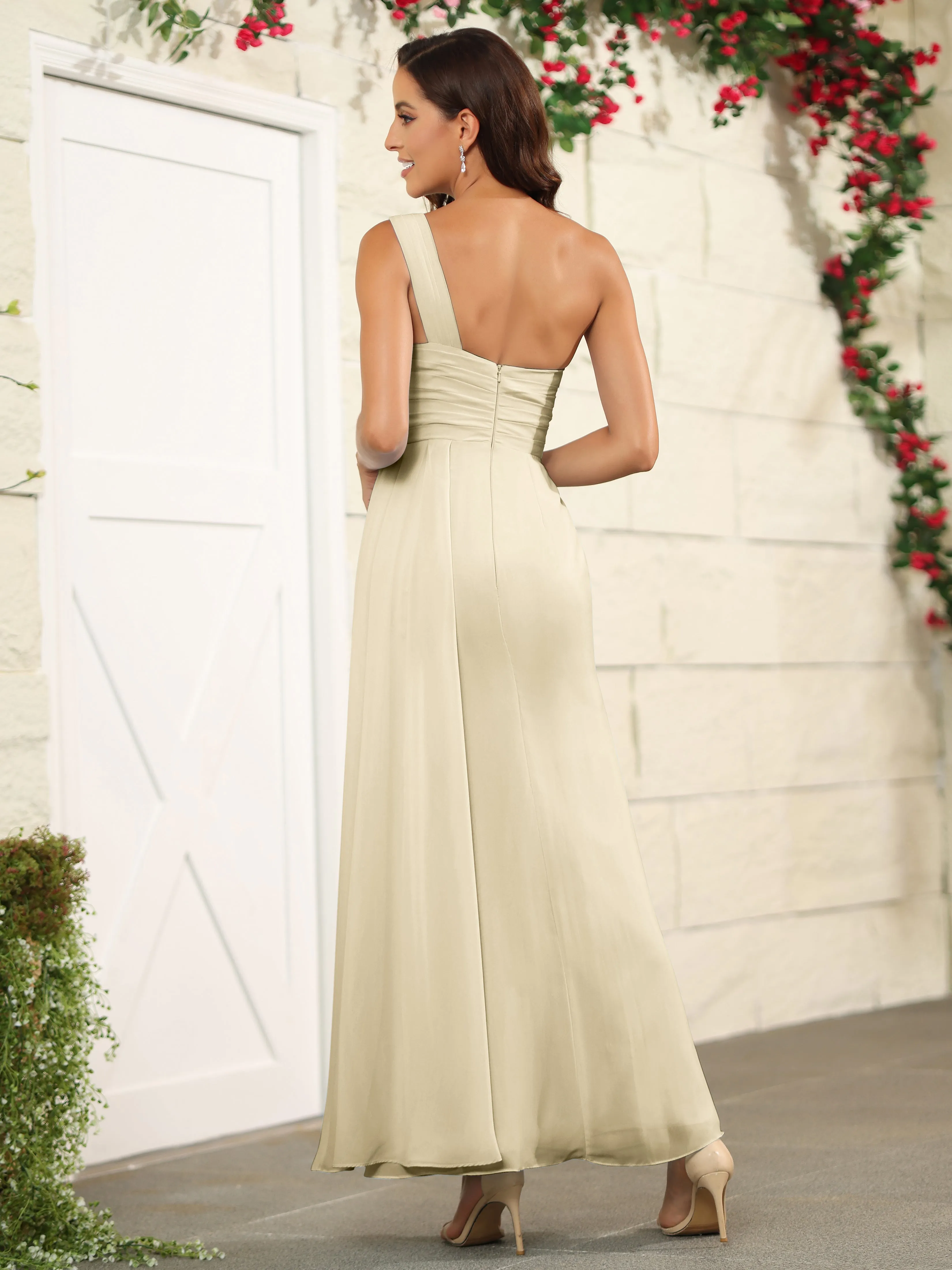 One Shoulder Chiffon Long Bridesmaid Dress with Split