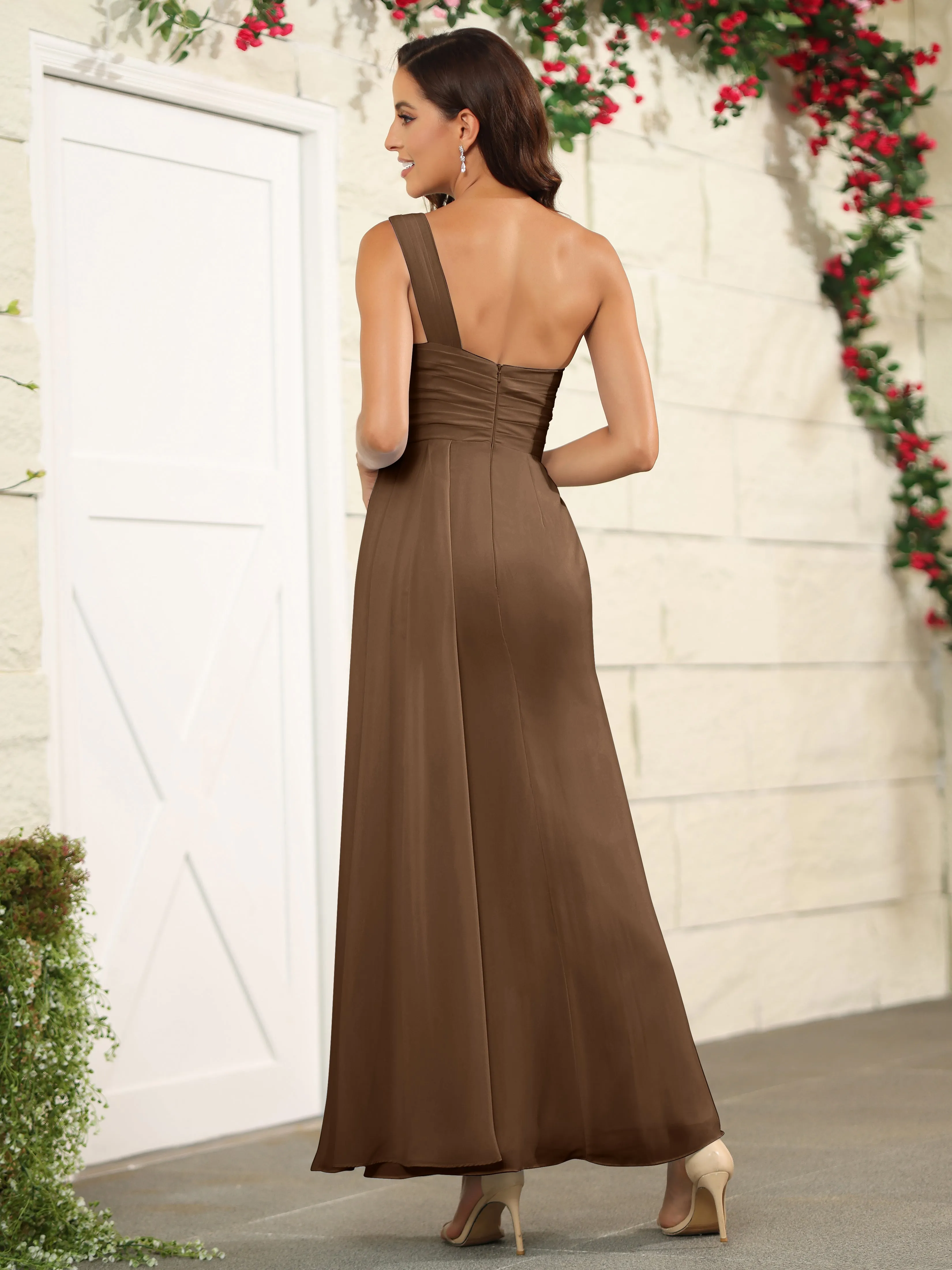 One Shoulder Chiffon Long Bridesmaid Dress with Split