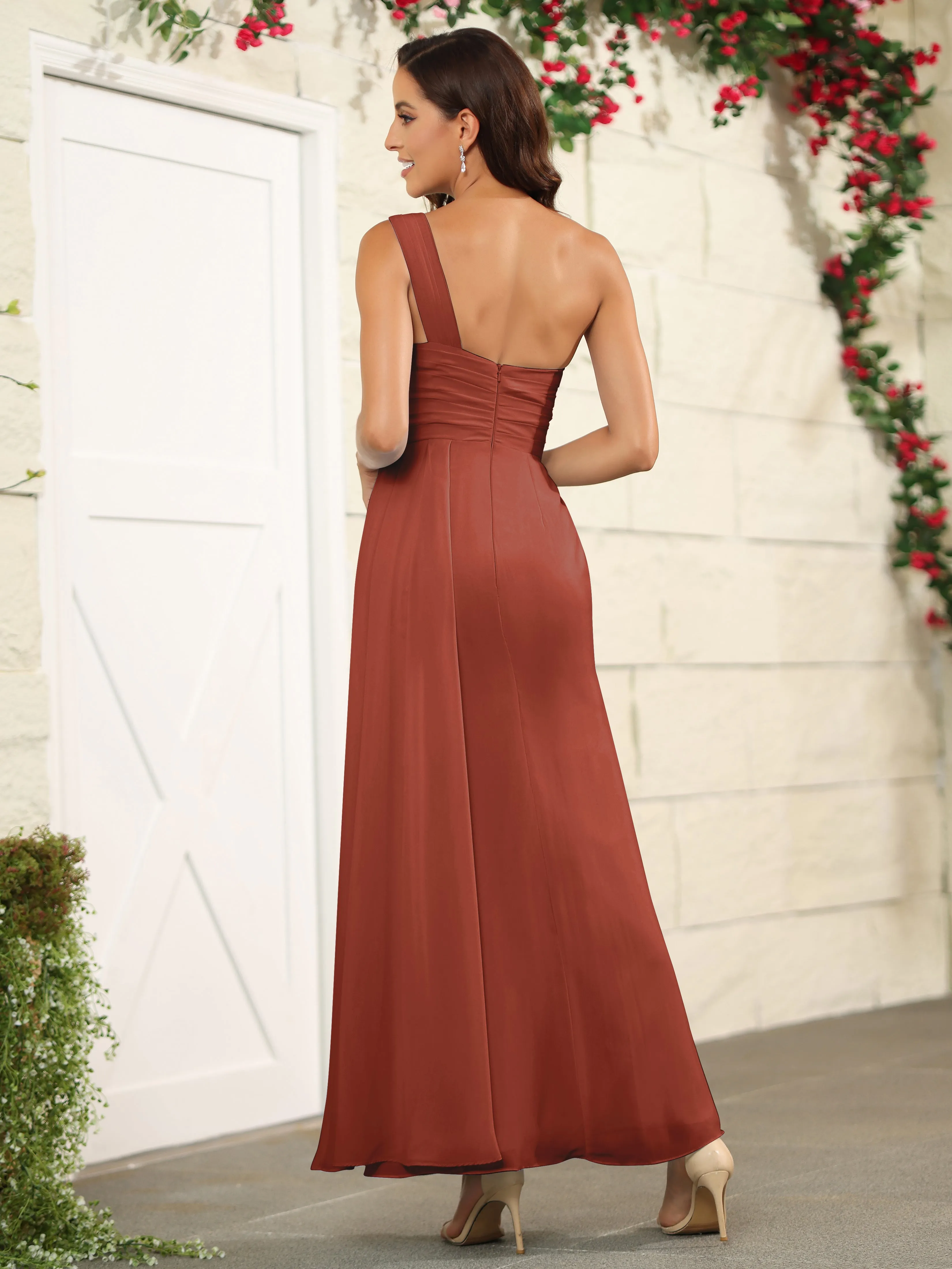 One Shoulder Chiffon Long Bridesmaid Dress with Split