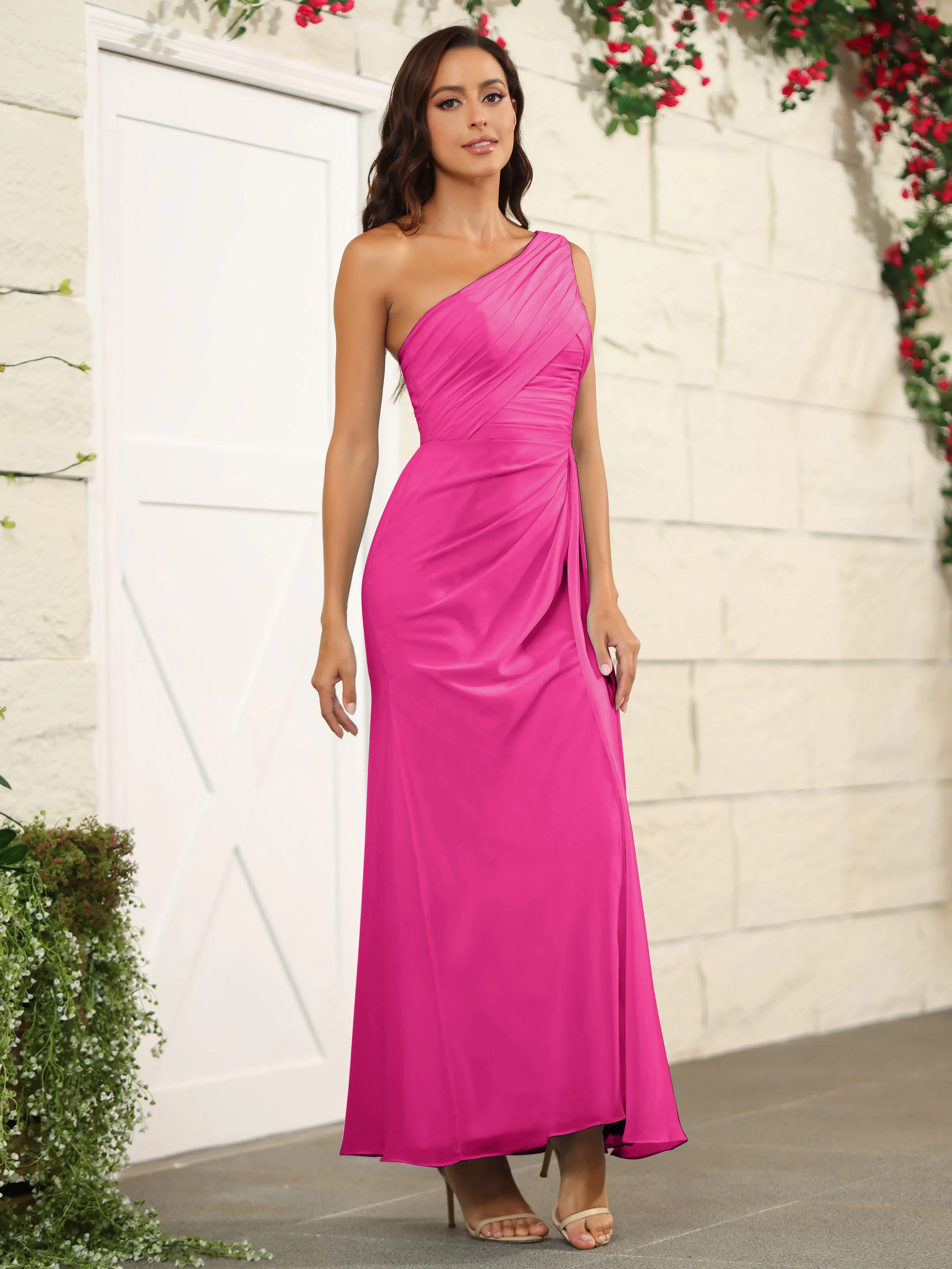One Shoulder Chiffon Long Bridesmaid Dress with Split