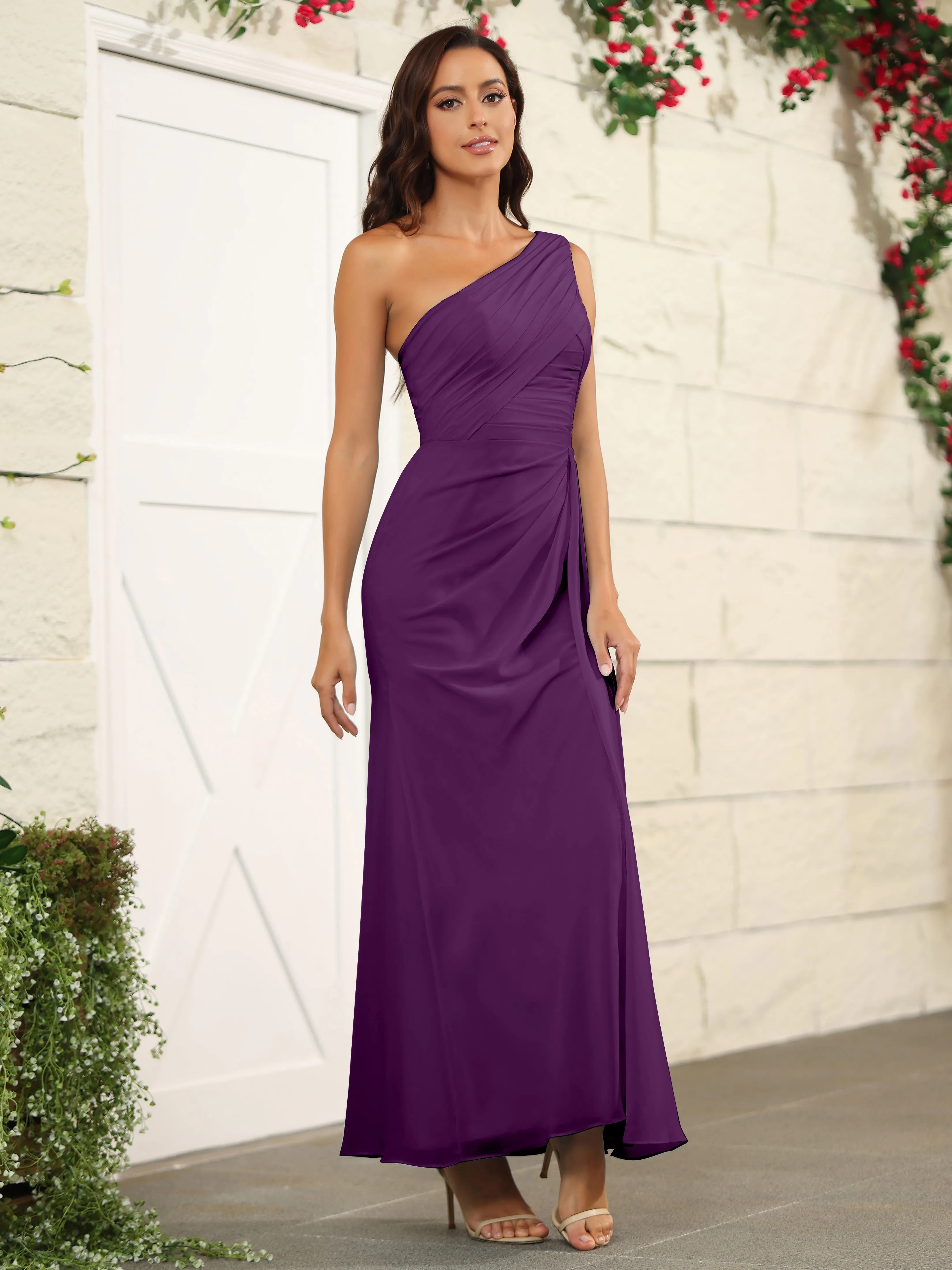 One Shoulder Chiffon Long Bridesmaid Dress with Split