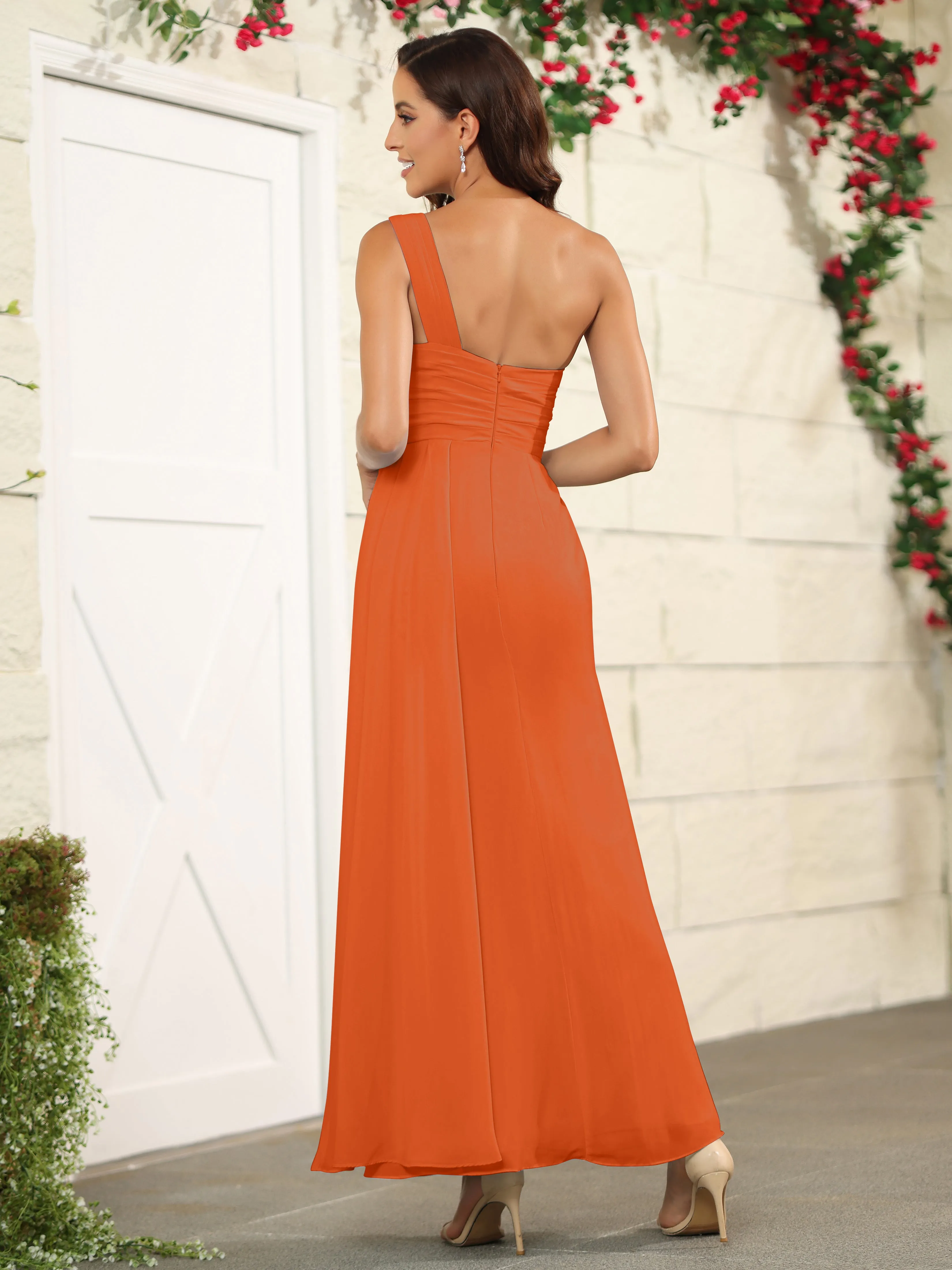 One Shoulder Chiffon Long Bridesmaid Dress with Split