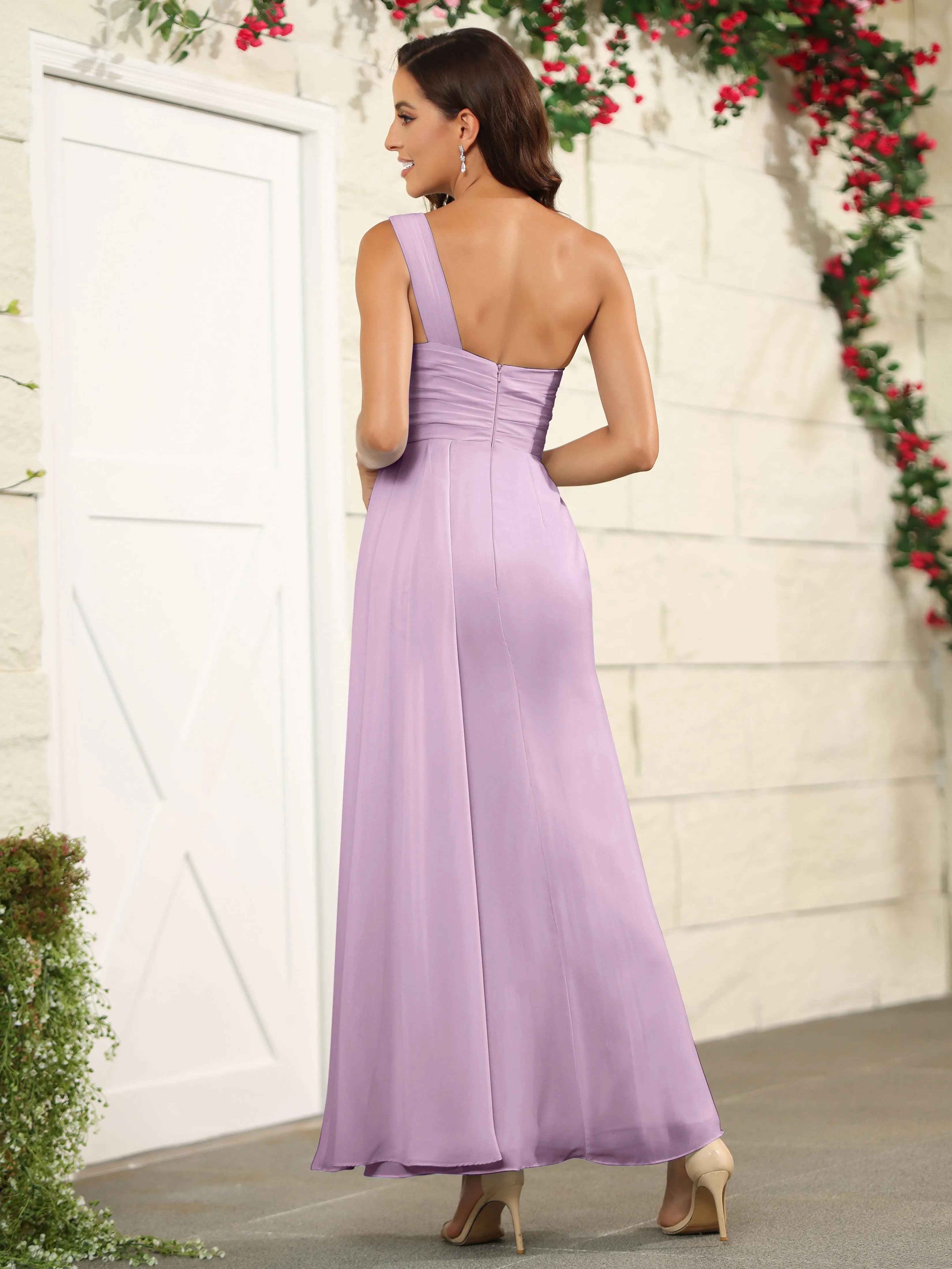 One Shoulder Chiffon Long Bridesmaid Dress with Split