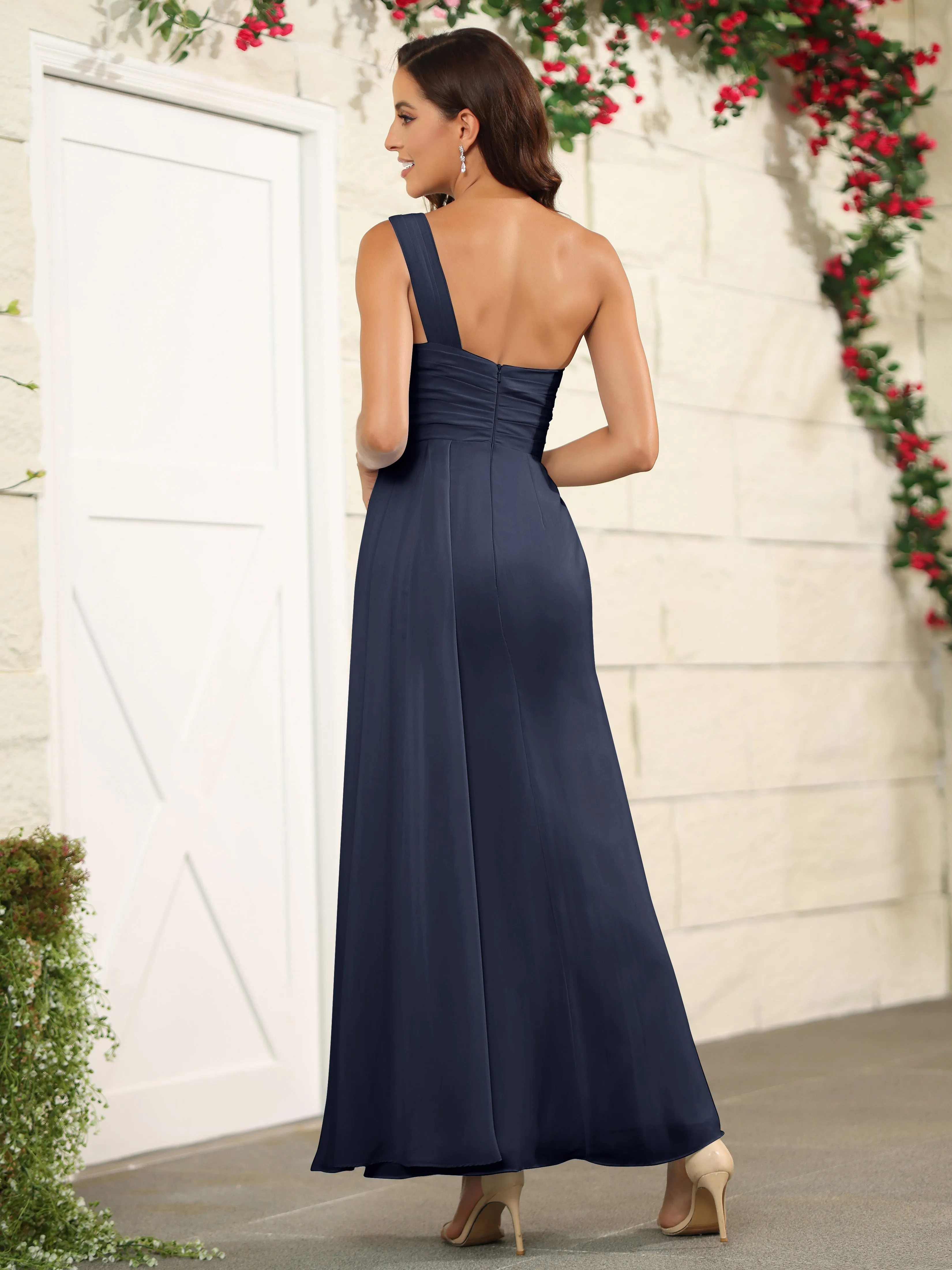 One Shoulder Chiffon Long Bridesmaid Dress with Split