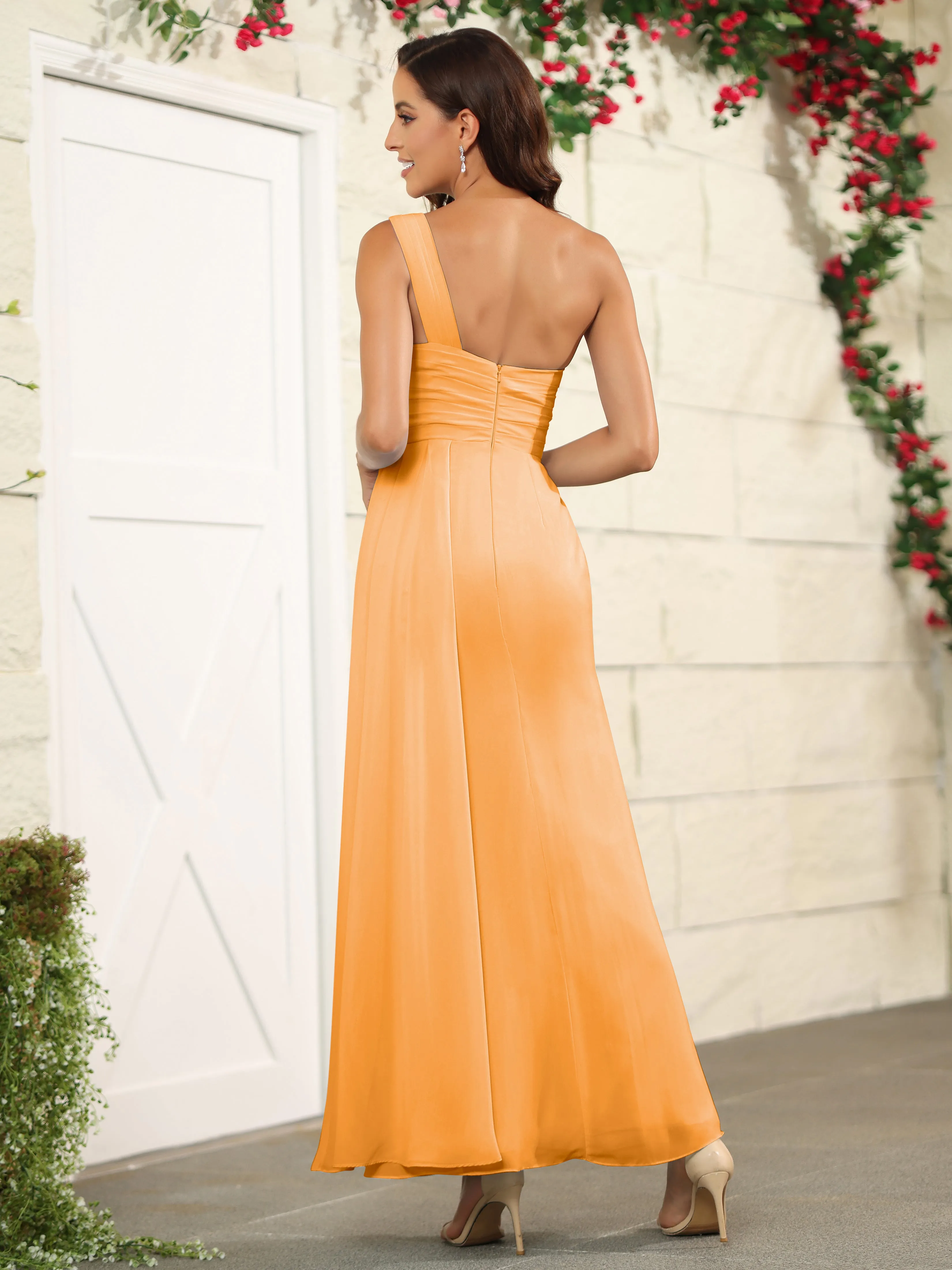 One Shoulder Chiffon Long Bridesmaid Dress with Split