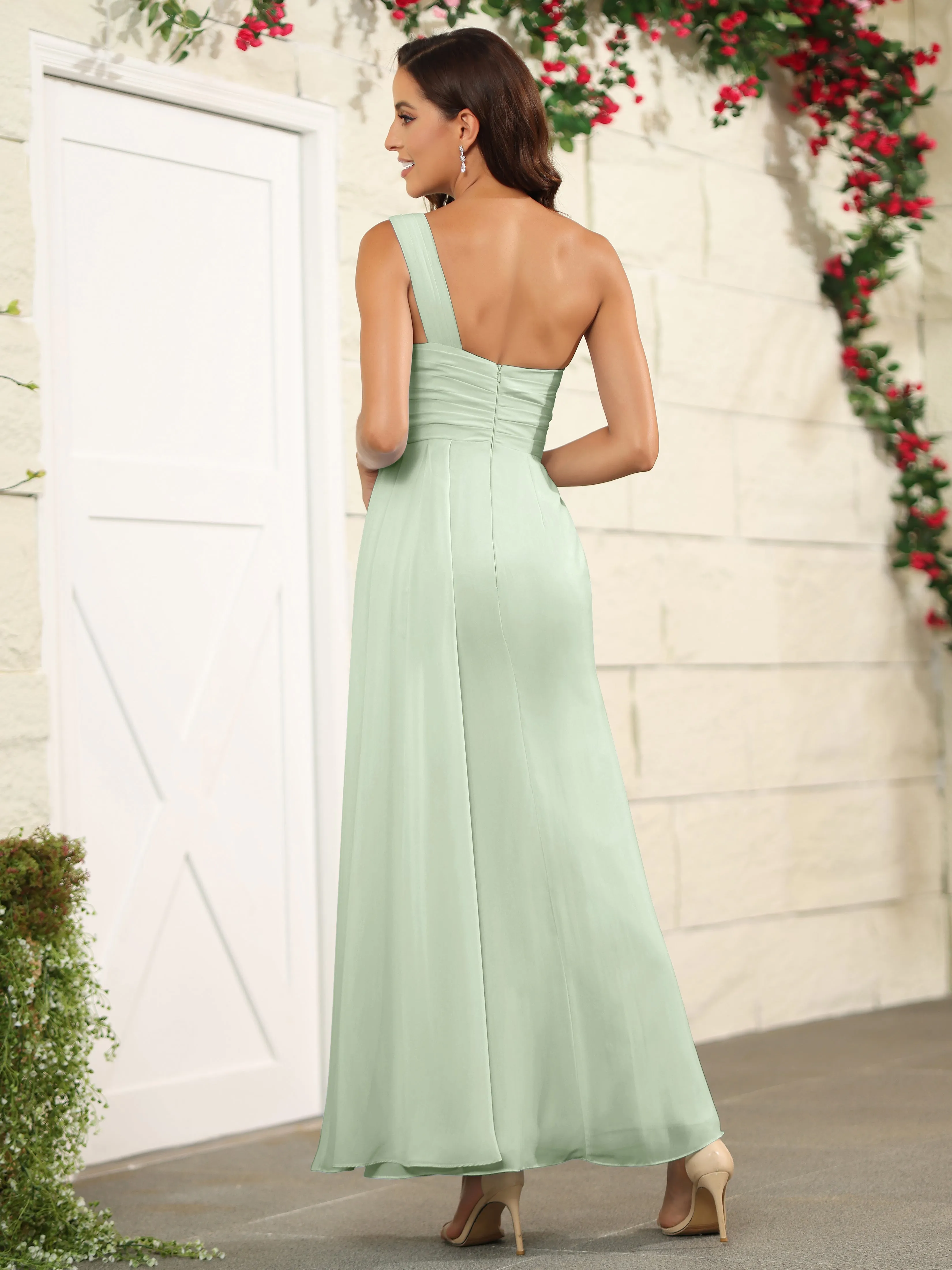 One Shoulder Chiffon Long Bridesmaid Dress with Split
