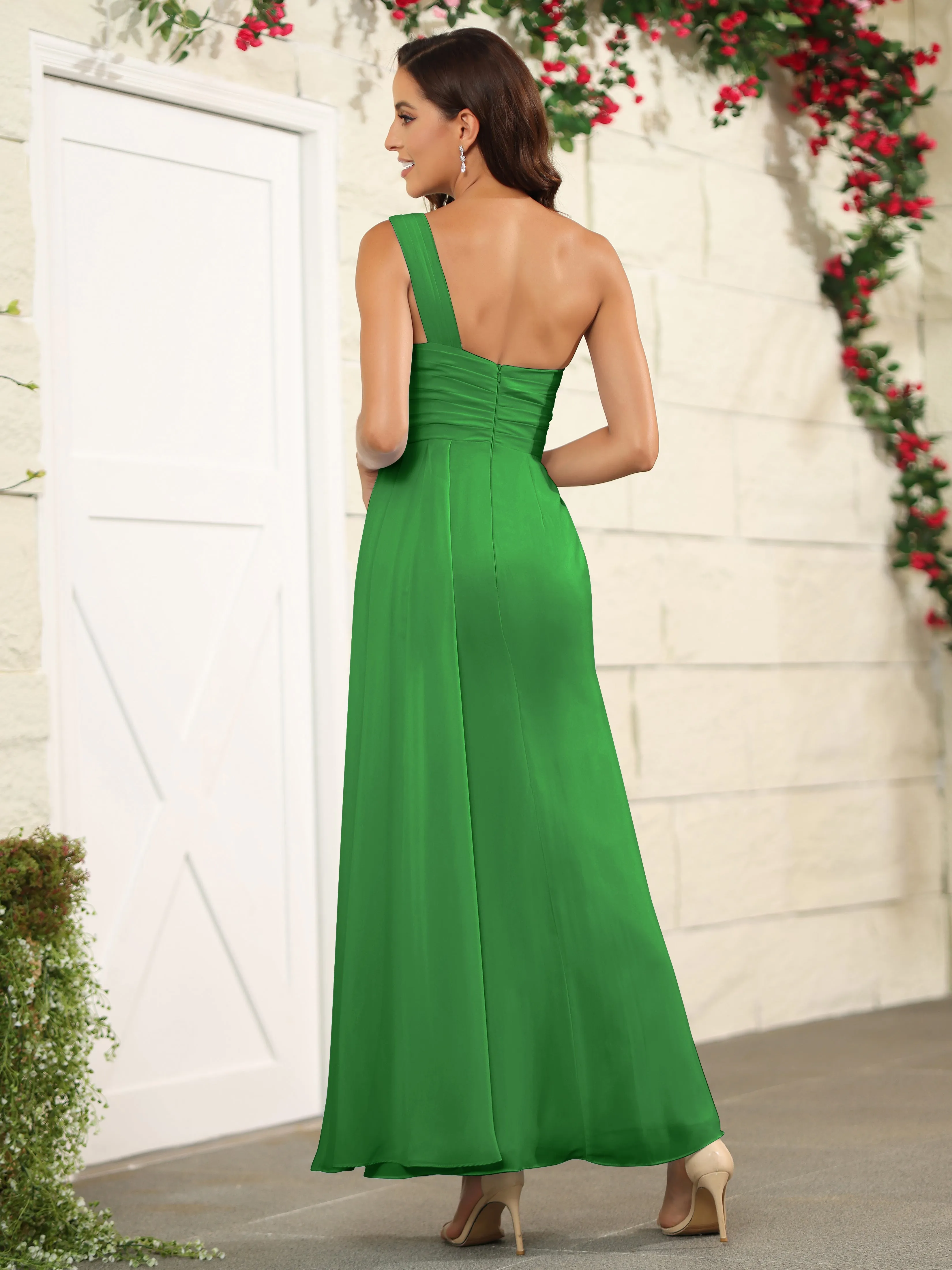 One Shoulder Chiffon Long Bridesmaid Dress with Split