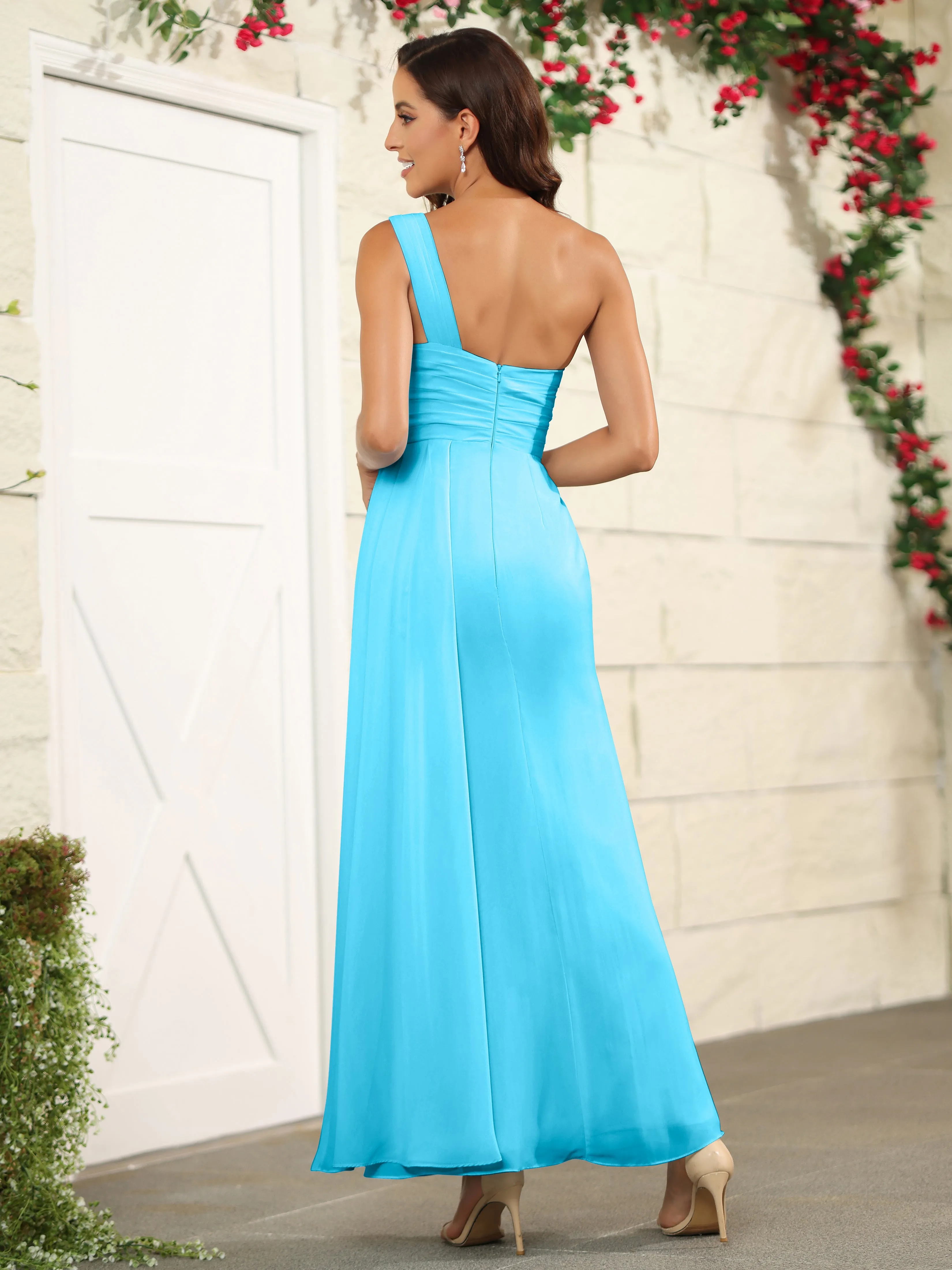 One Shoulder Chiffon Long Bridesmaid Dress with Split