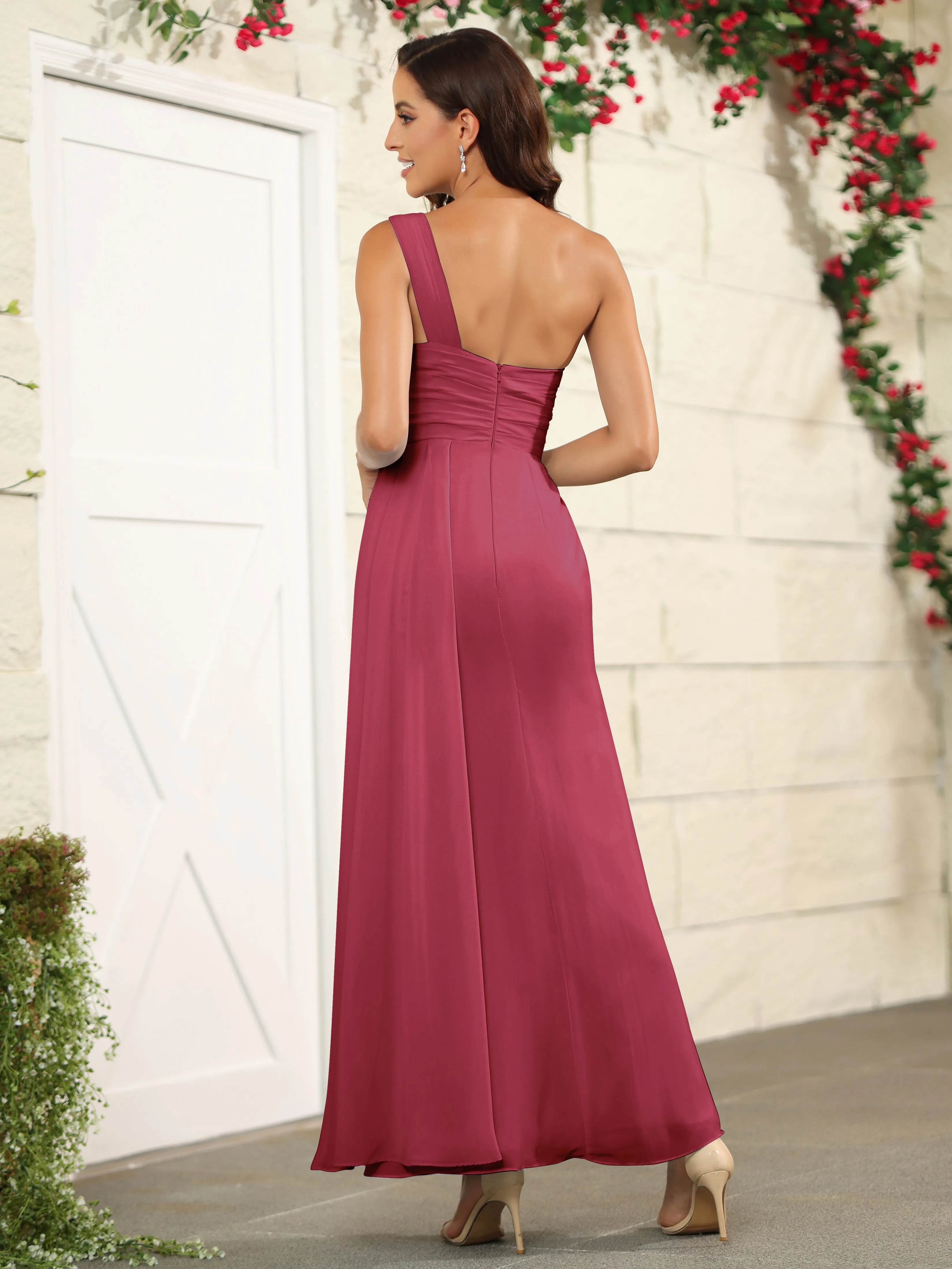 One Shoulder Chiffon Long Bridesmaid Dress with Split