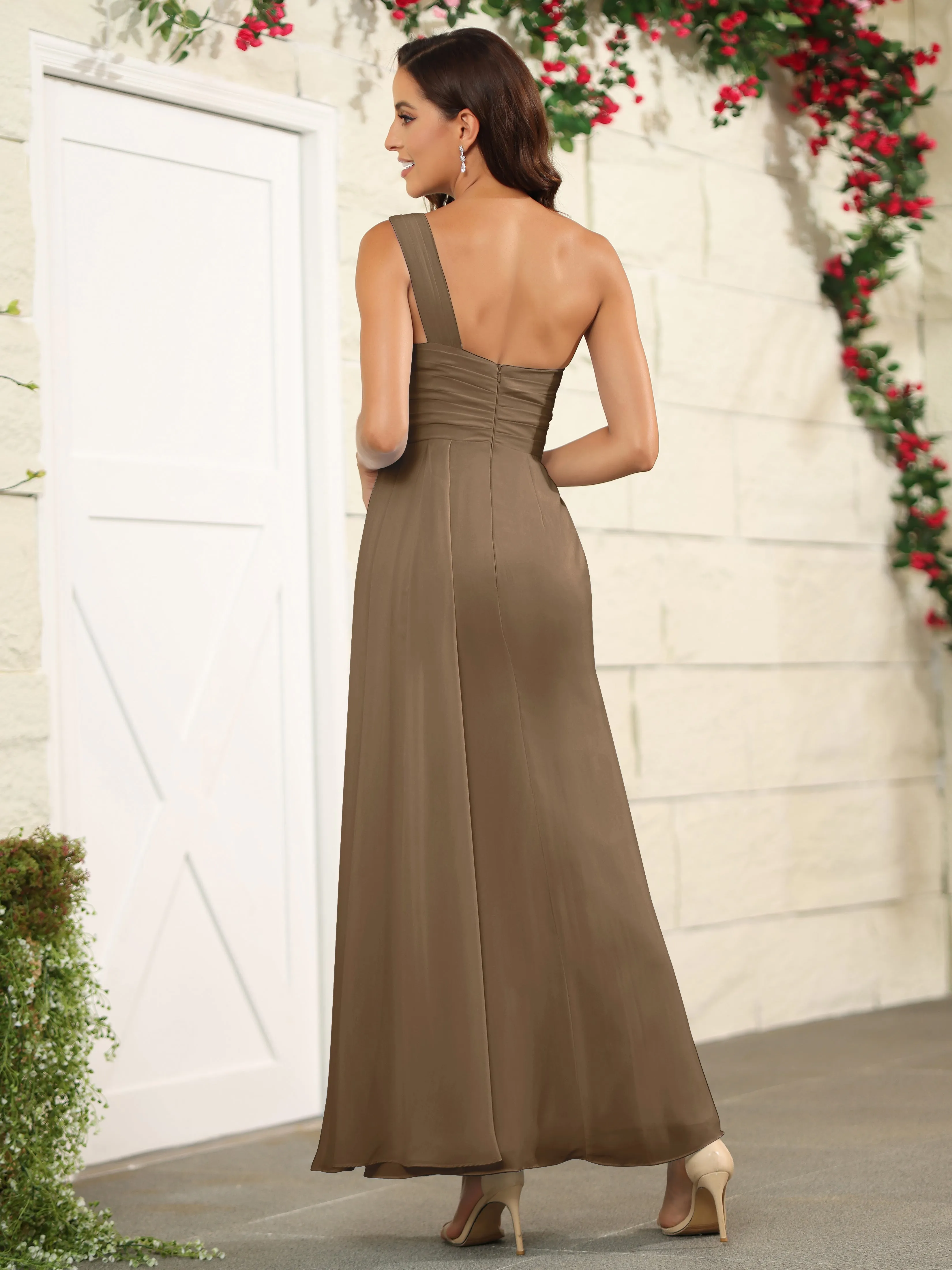 One Shoulder Chiffon Long Bridesmaid Dress with Split