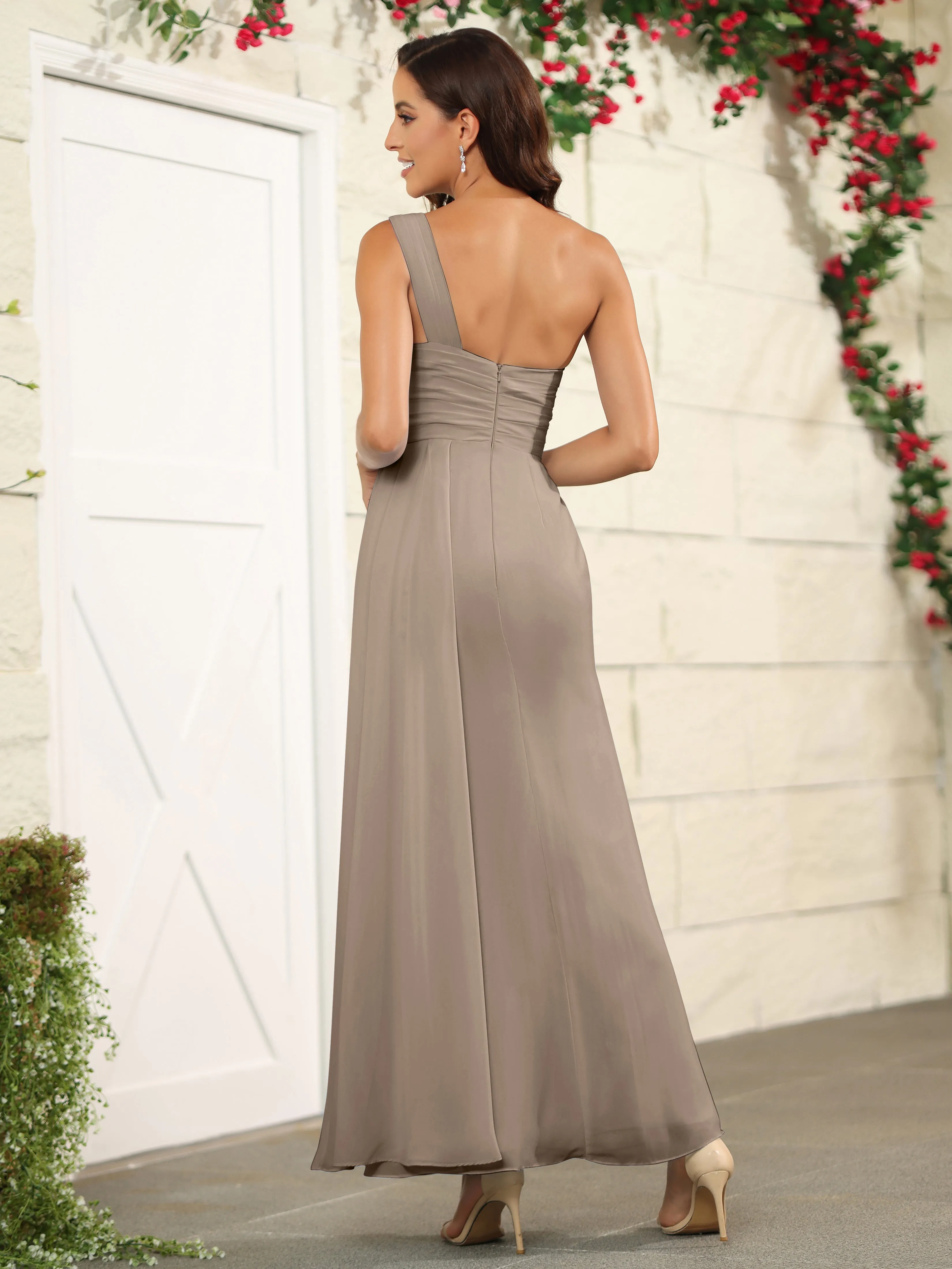 One Shoulder Chiffon Long Bridesmaid Dress with Split