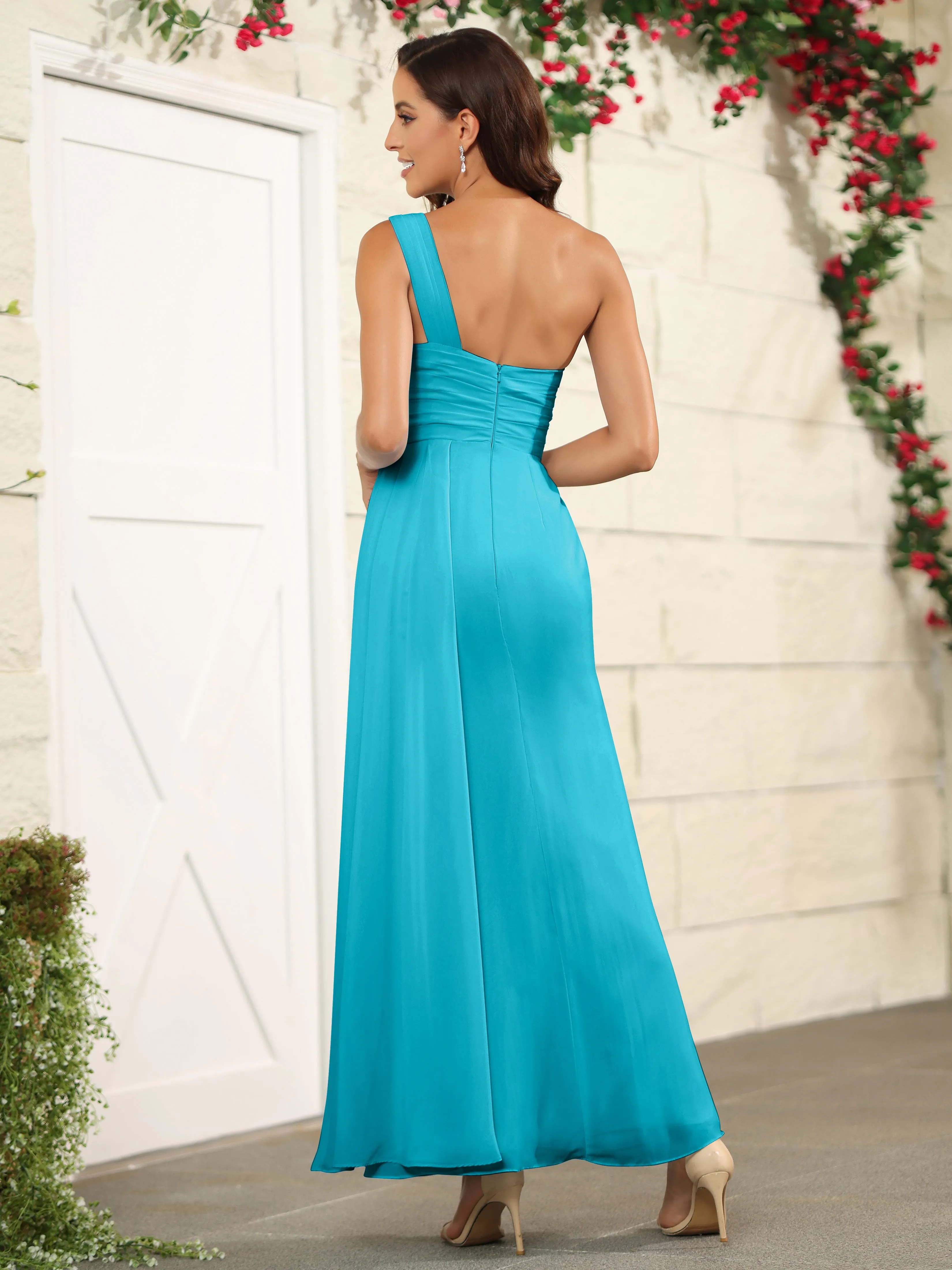 One Shoulder Chiffon Long Bridesmaid Dress with Split