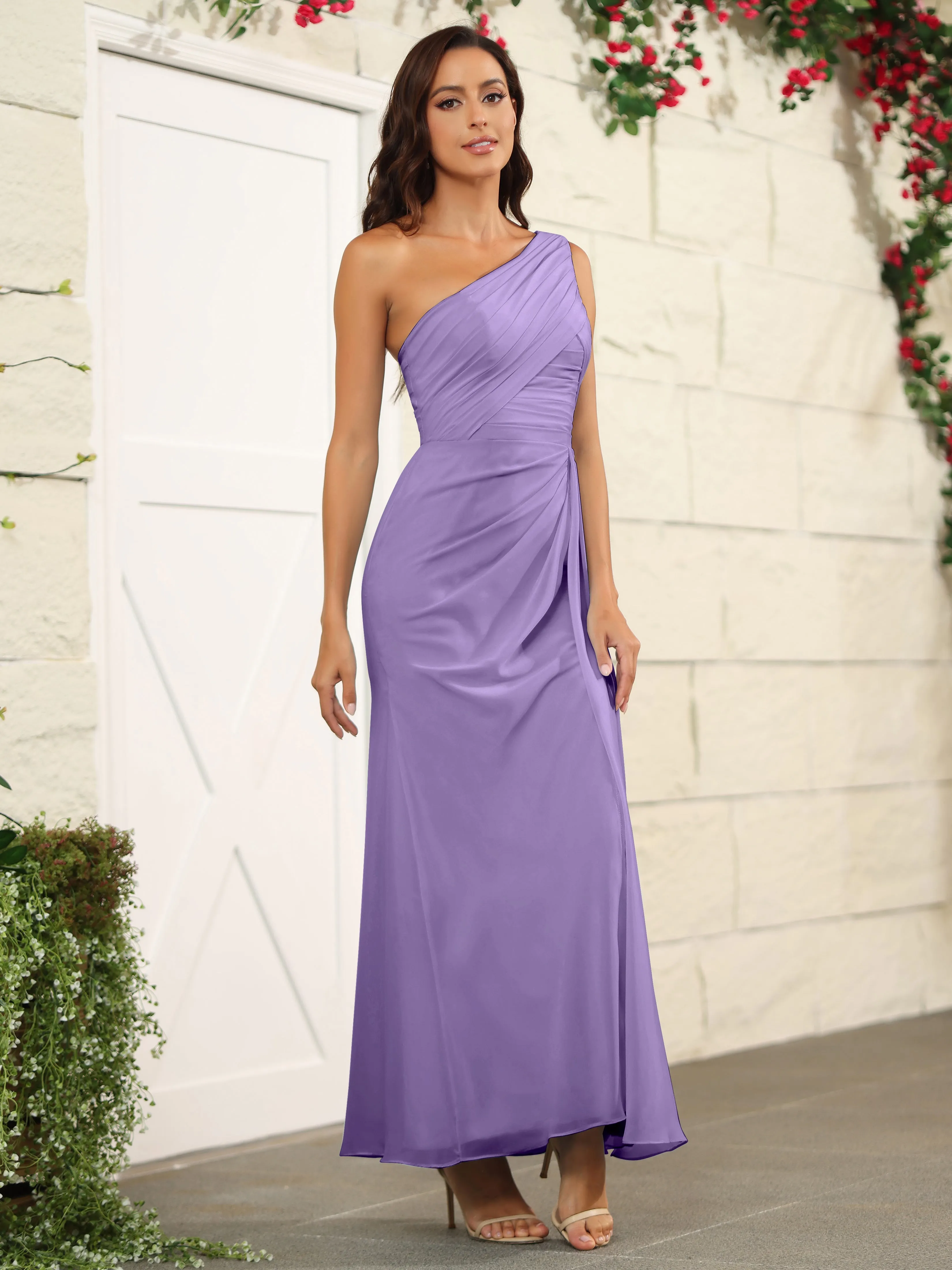 One Shoulder Chiffon Long Bridesmaid Dress with Split