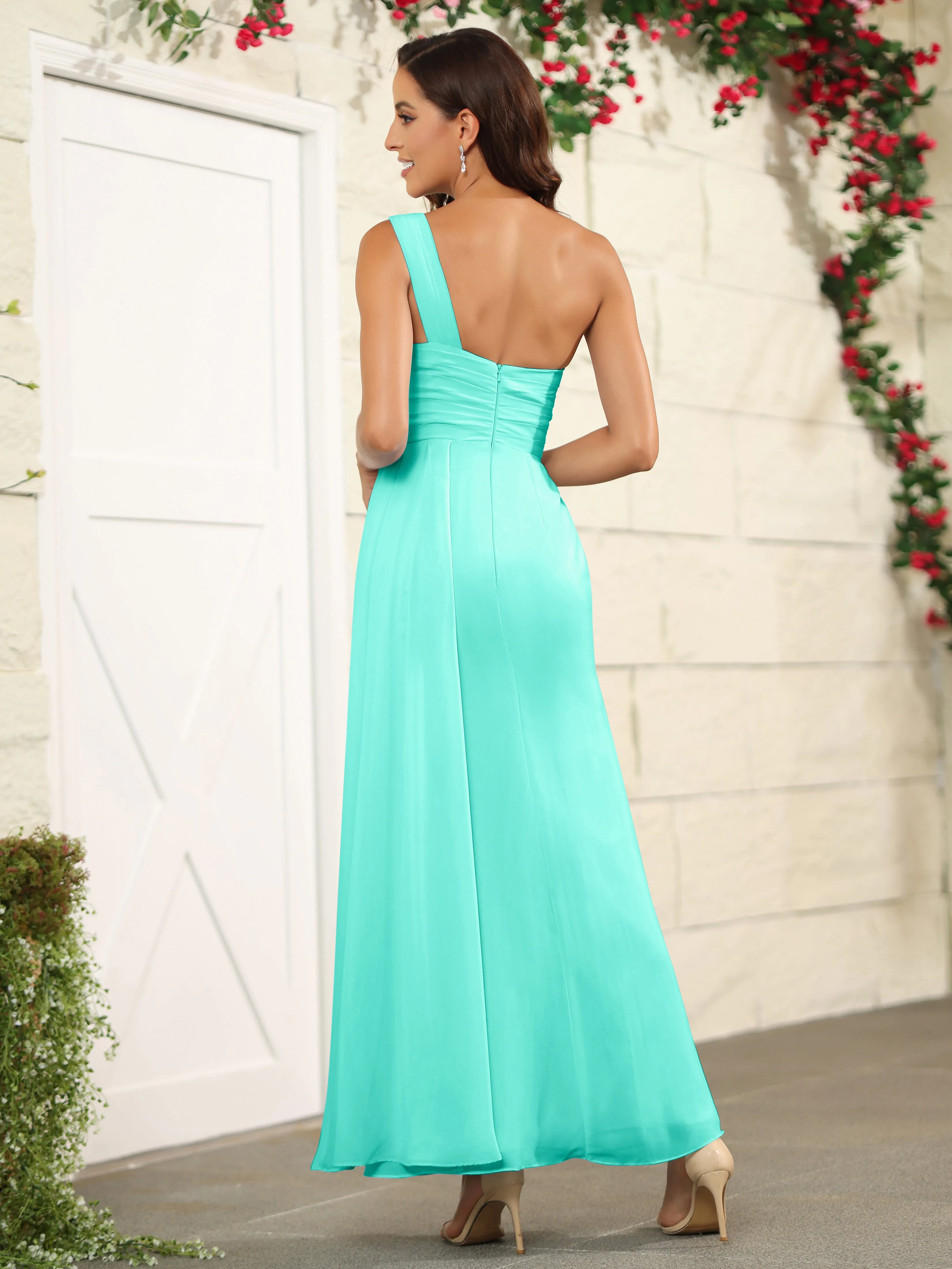 One Shoulder Chiffon Long Bridesmaid Dress with Split