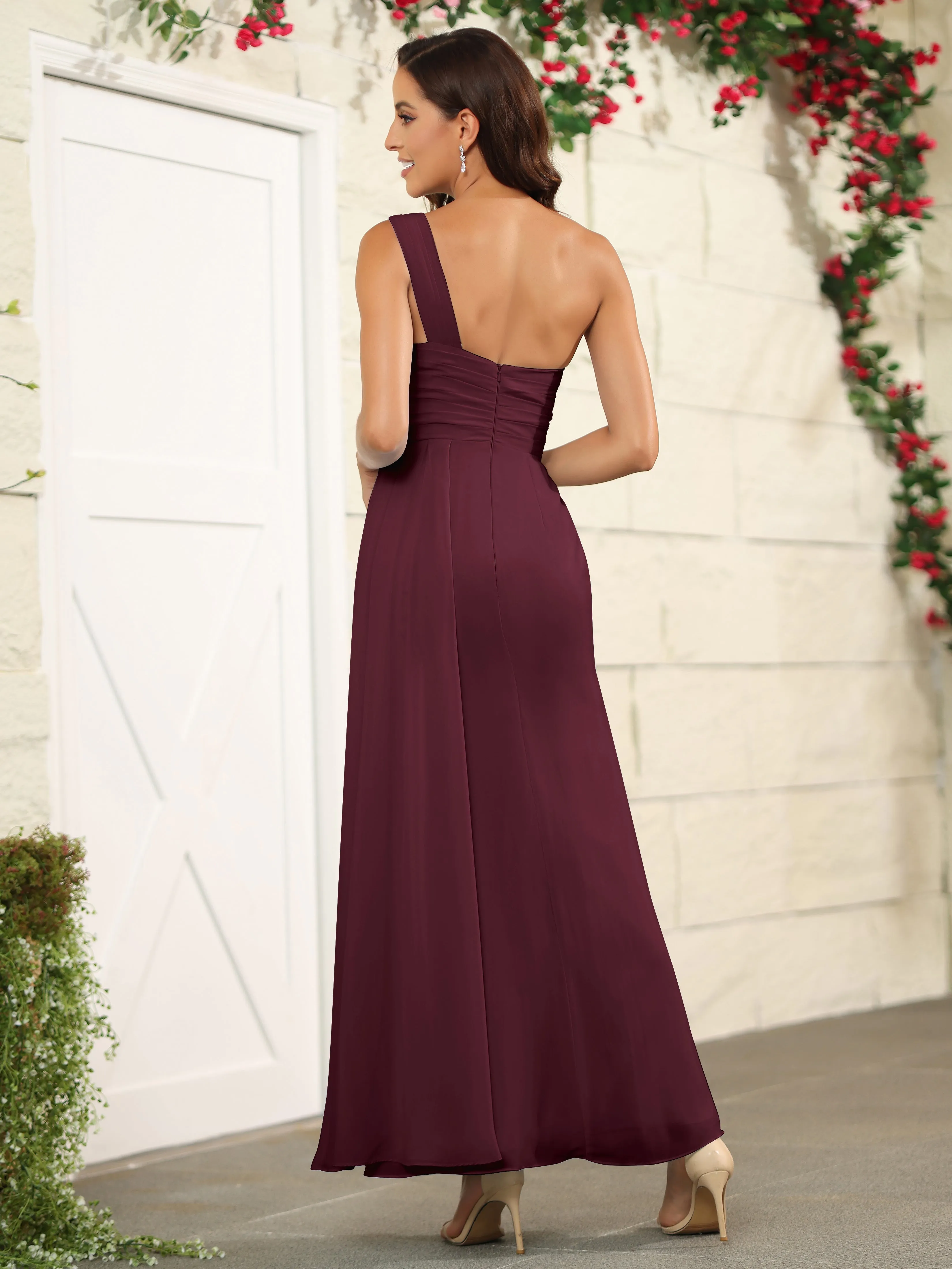 One Shoulder Chiffon Long Bridesmaid Dress with Split