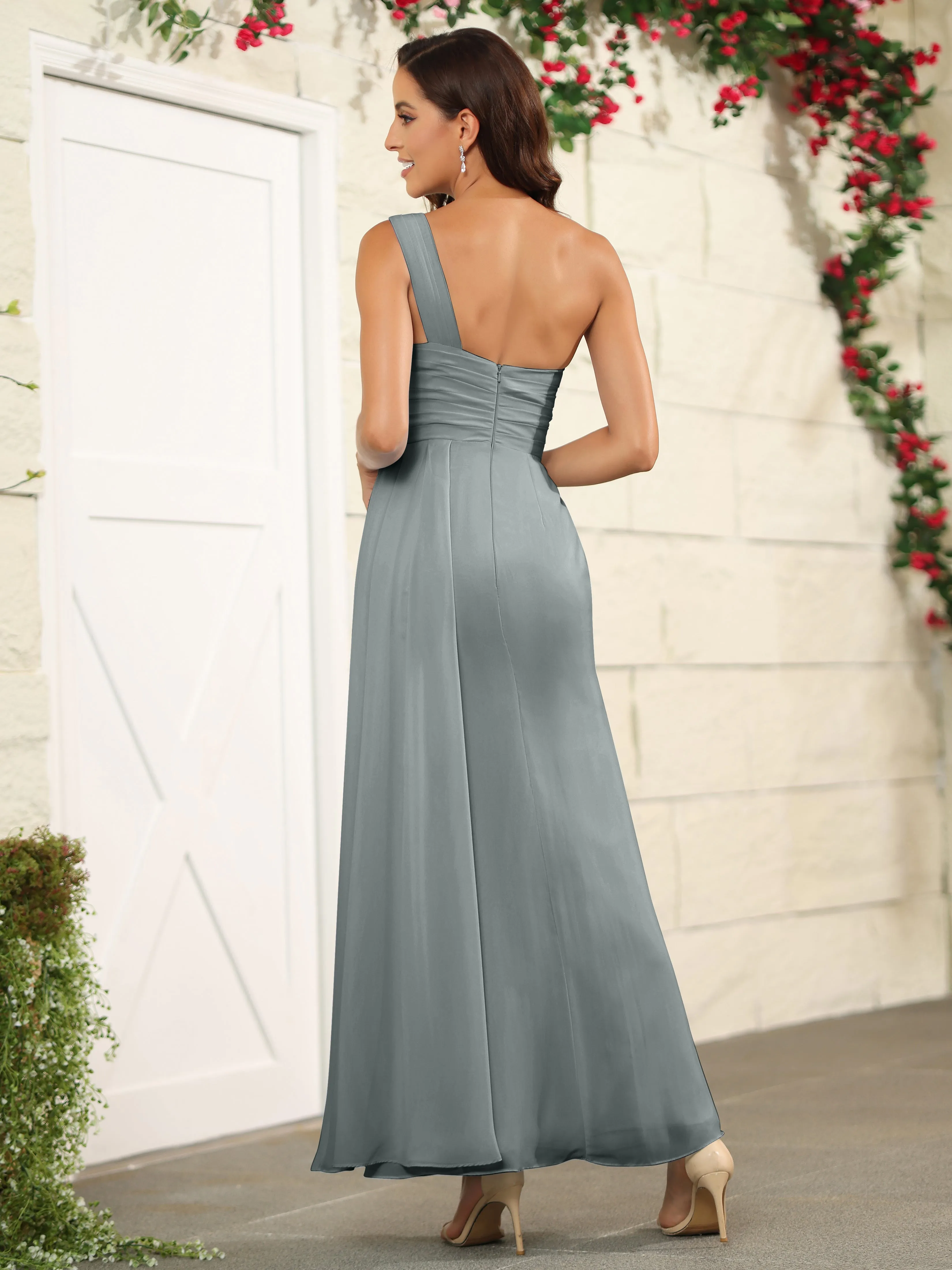 One Shoulder Chiffon Long Bridesmaid Dress with Split