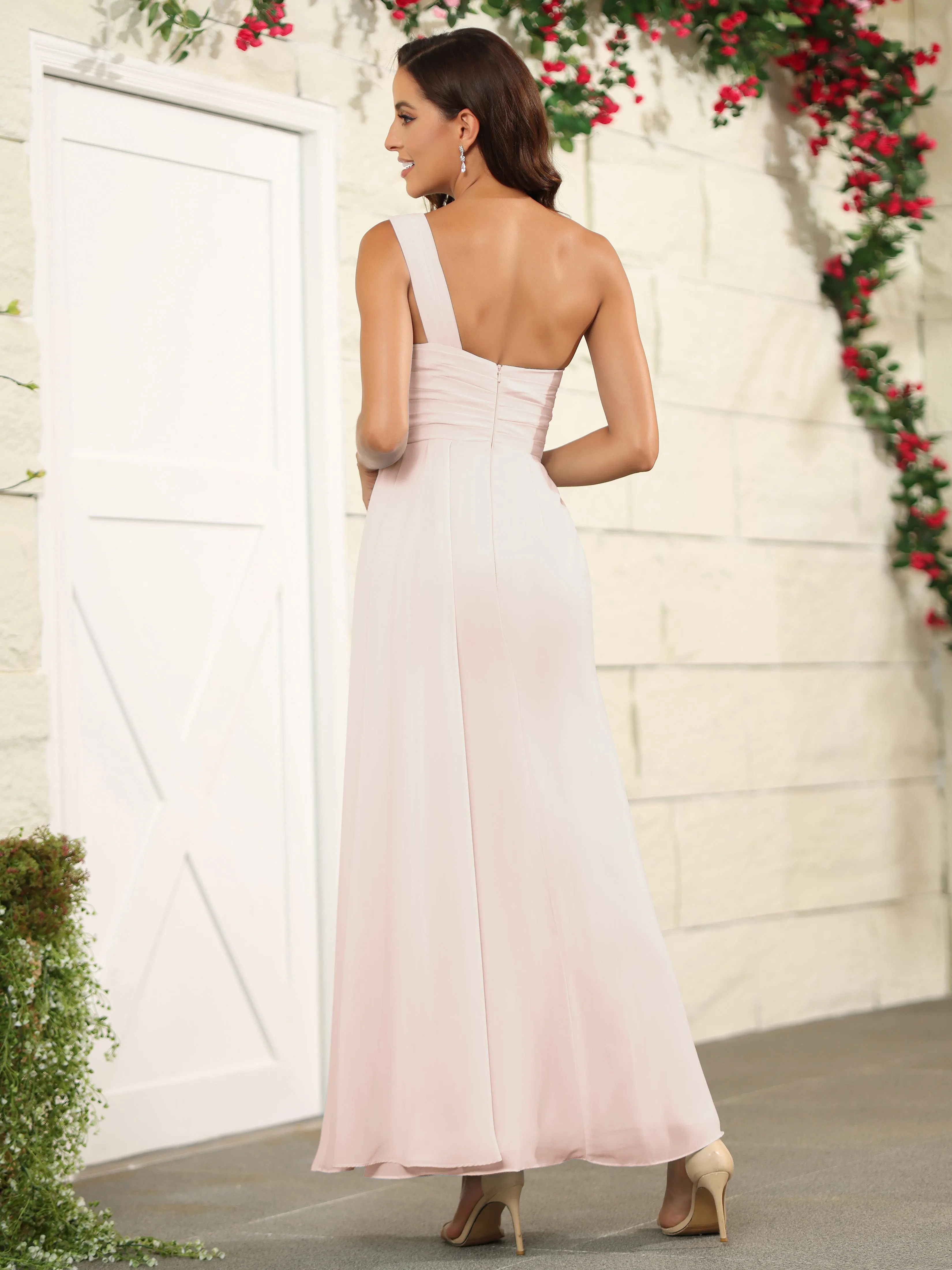 One Shoulder Chiffon Long Bridesmaid Dress with Split