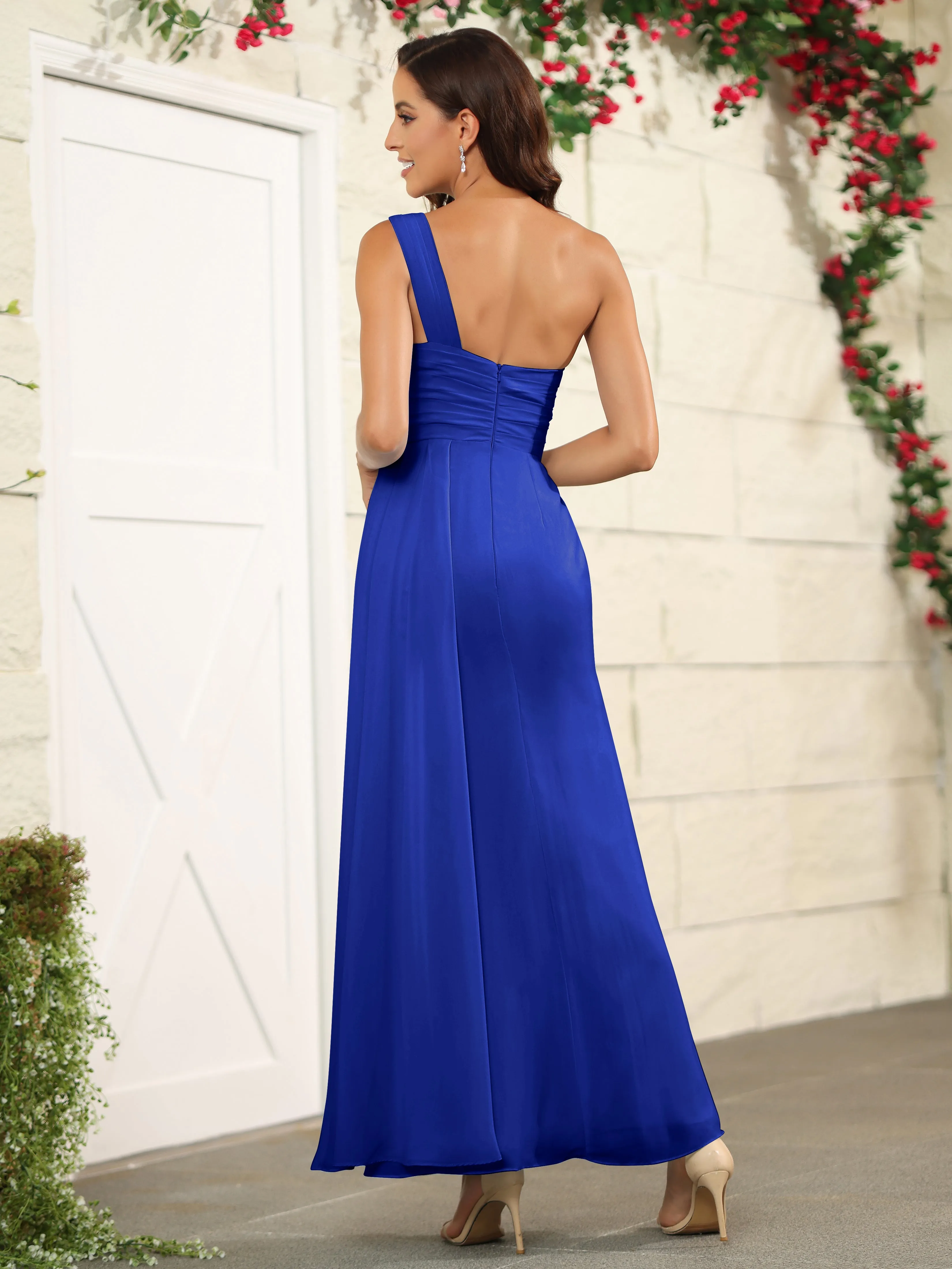 One Shoulder Chiffon Long Bridesmaid Dress with Split