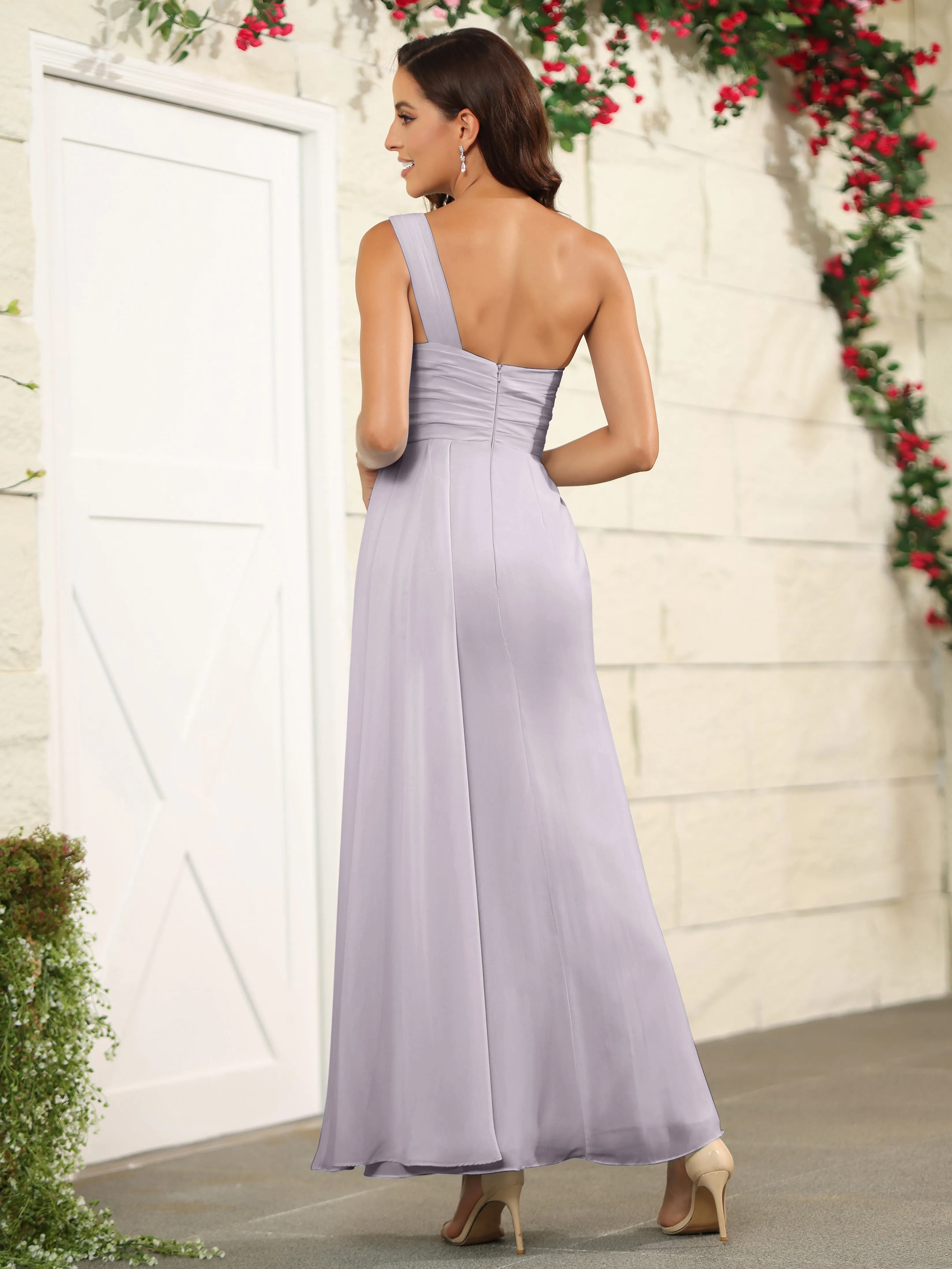One Shoulder Chiffon Long Bridesmaid Dress with Split
