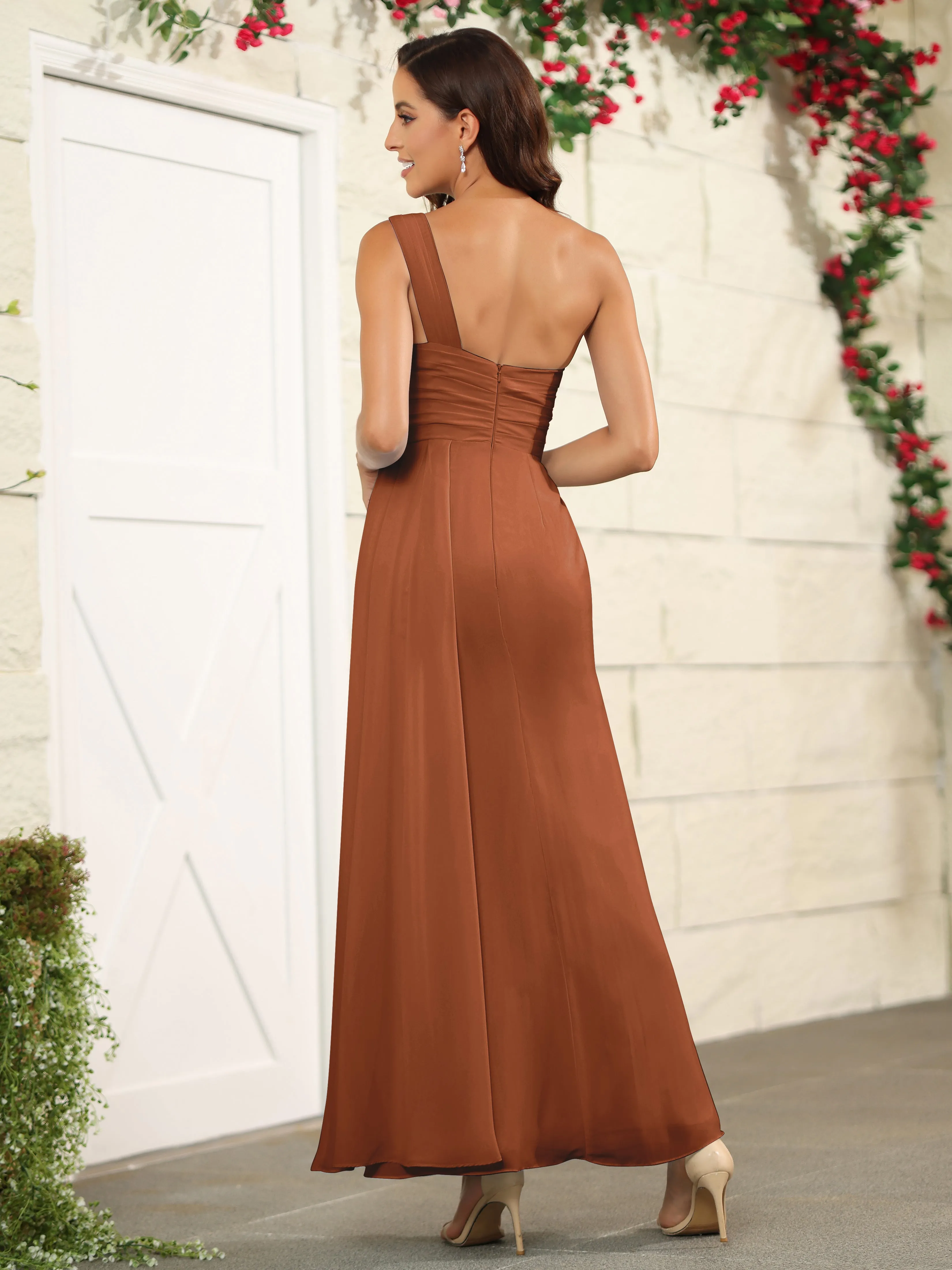 One Shoulder Chiffon Long Bridesmaid Dress with Split