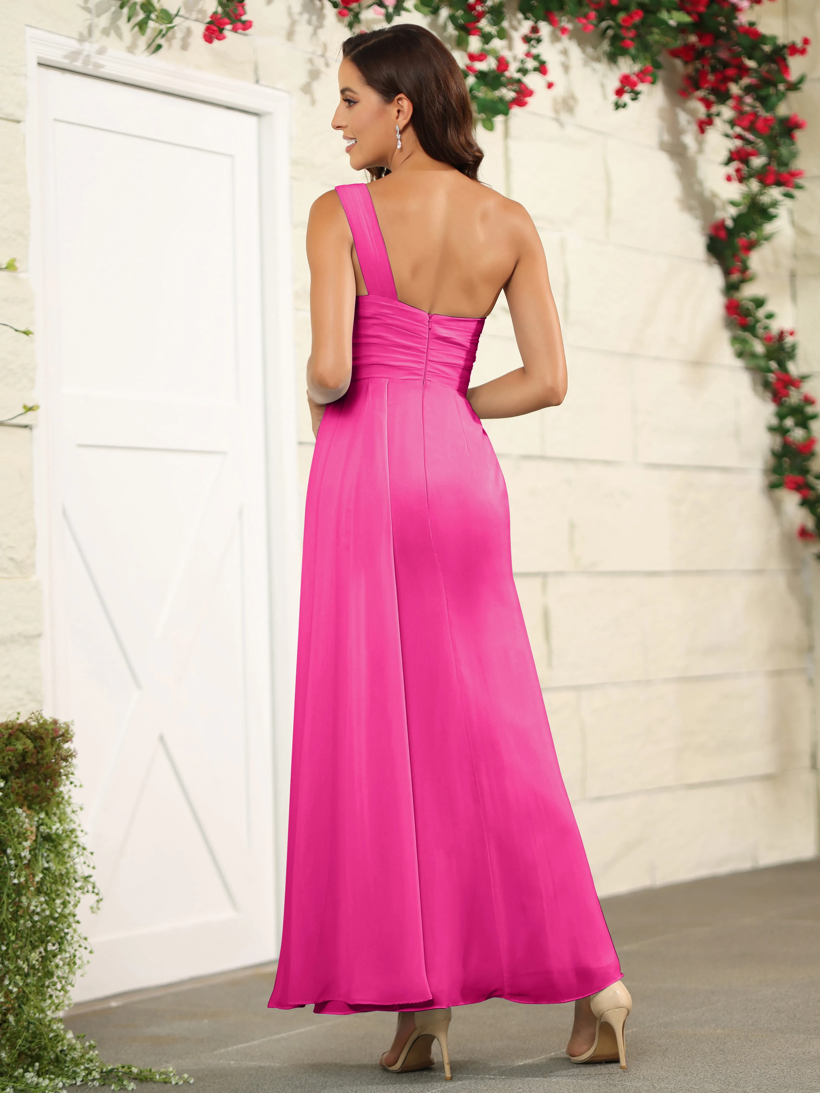 One Shoulder Chiffon Long Bridesmaid Dress with Split