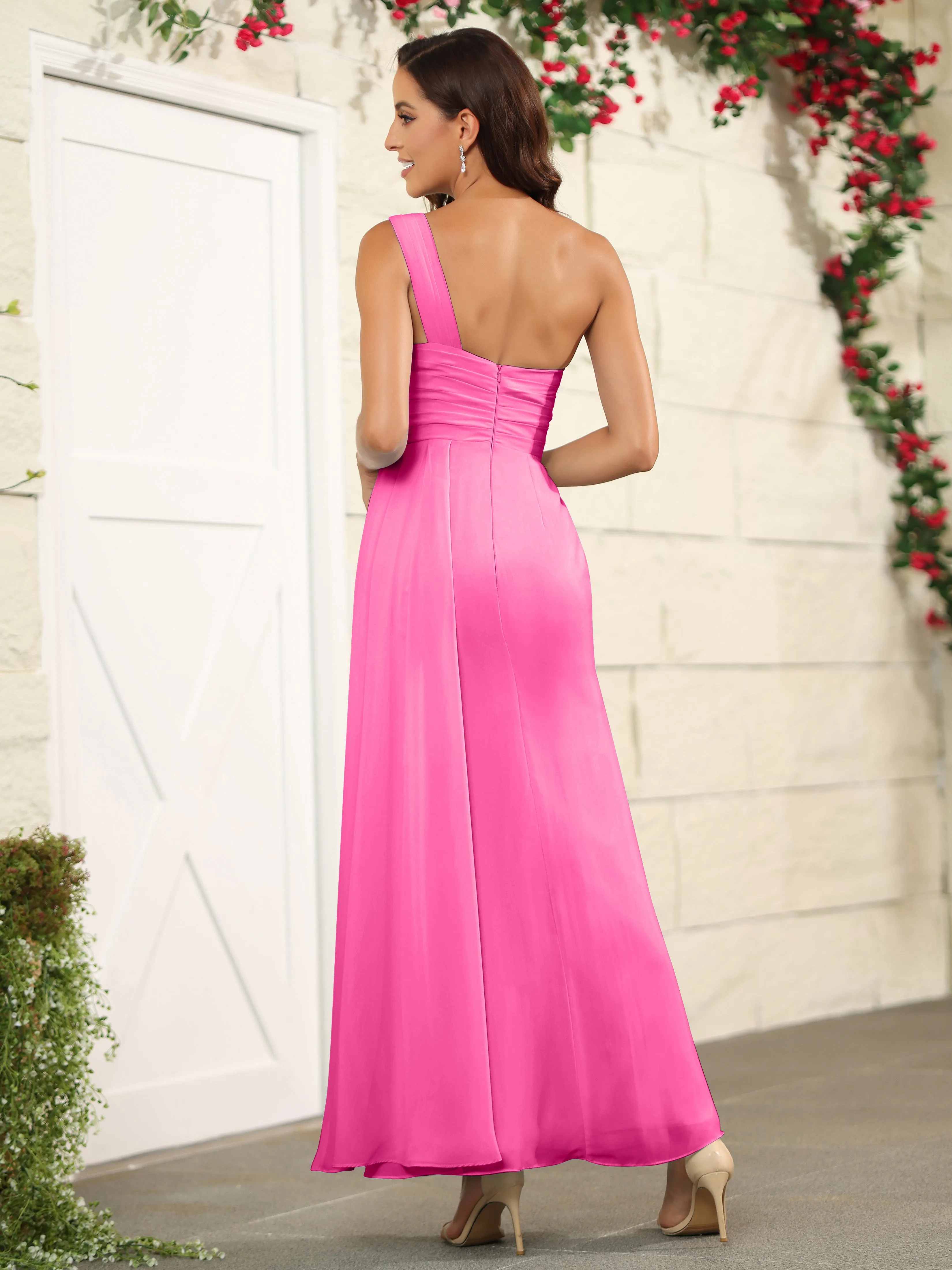 One Shoulder Chiffon Long Bridesmaid Dress with Split