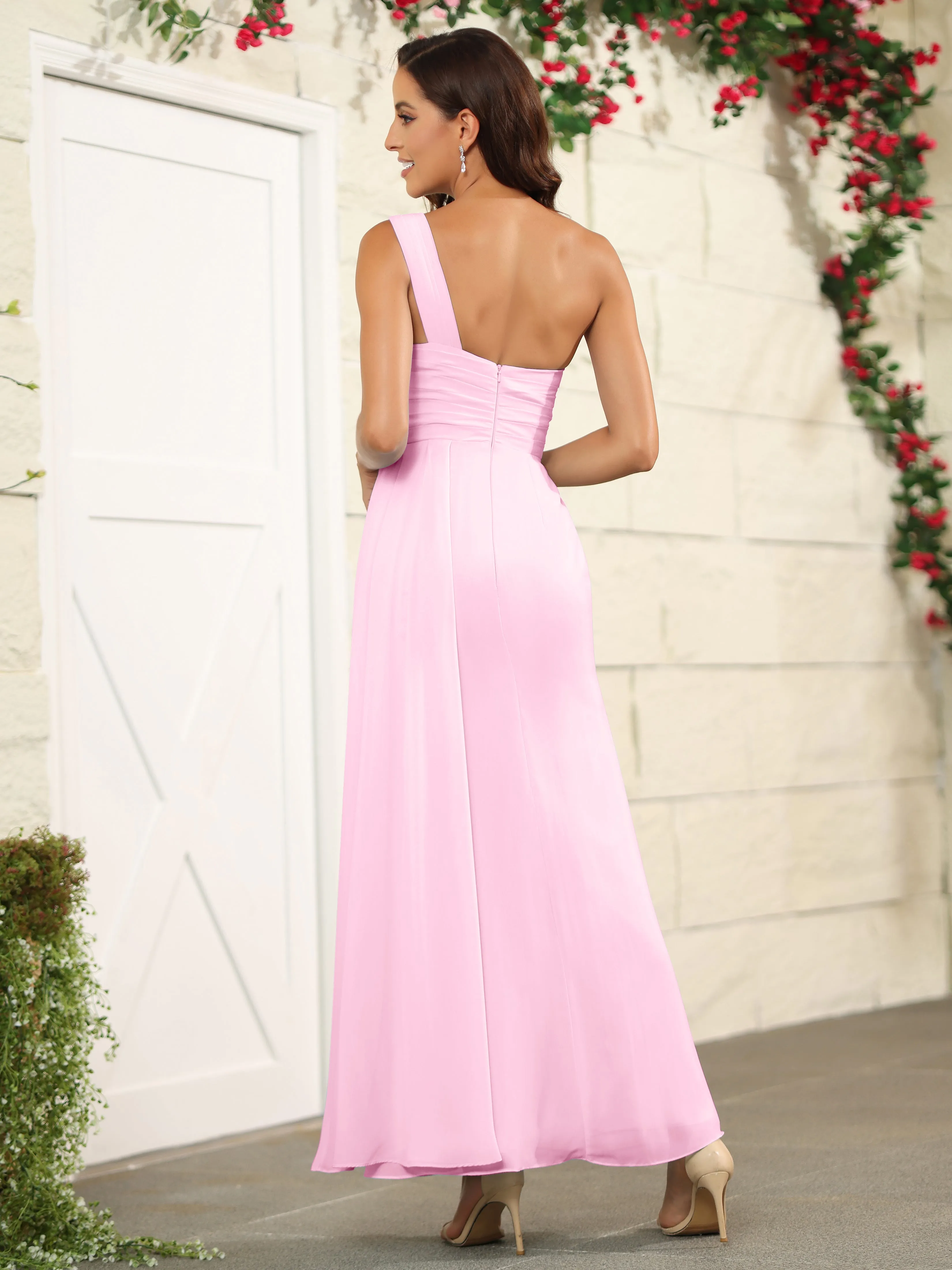 One Shoulder Chiffon Long Bridesmaid Dress with Split
