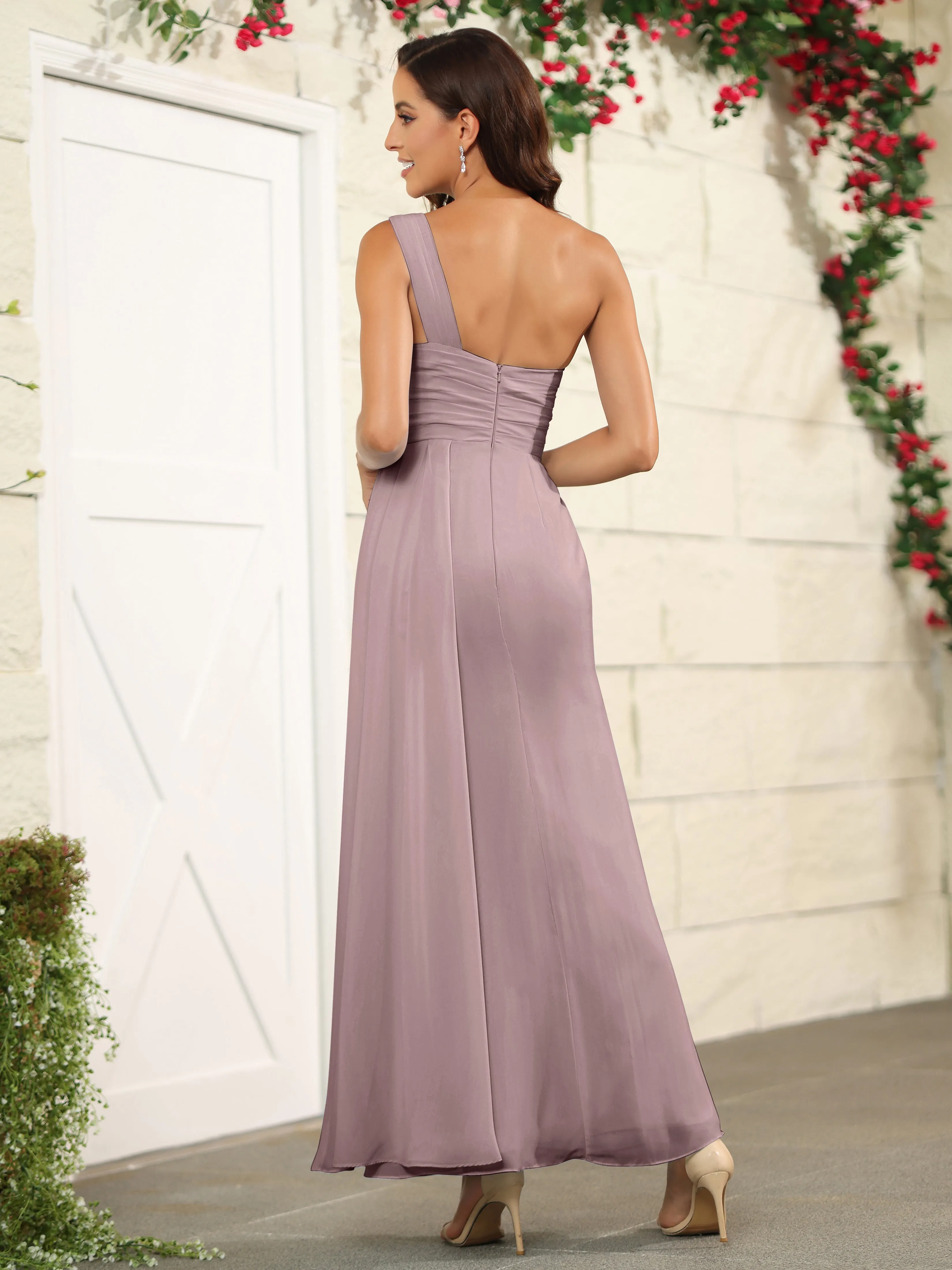 One Shoulder Chiffon Long Bridesmaid Dress with Split