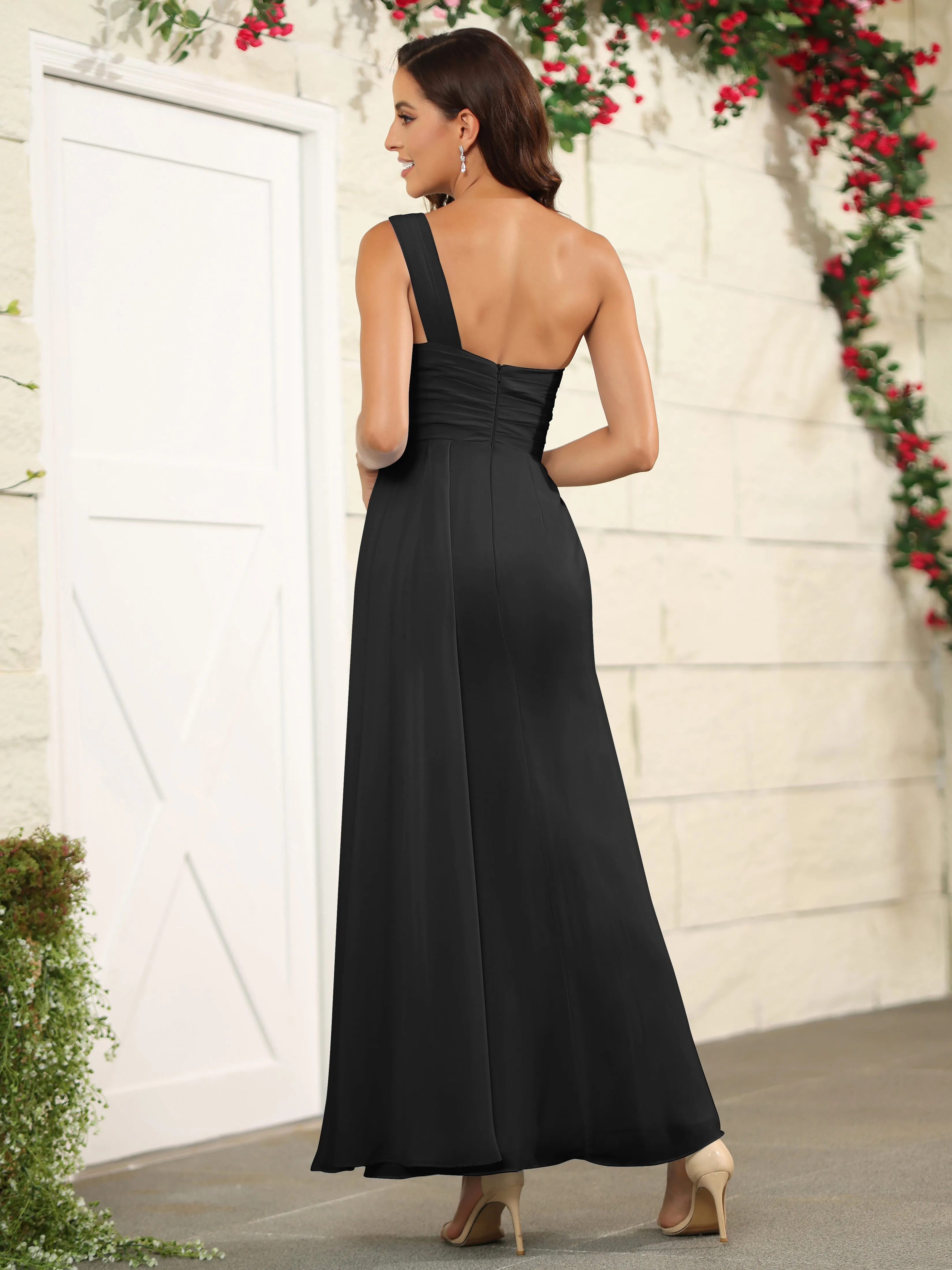 One Shoulder Chiffon Long Bridesmaid Dress with Split