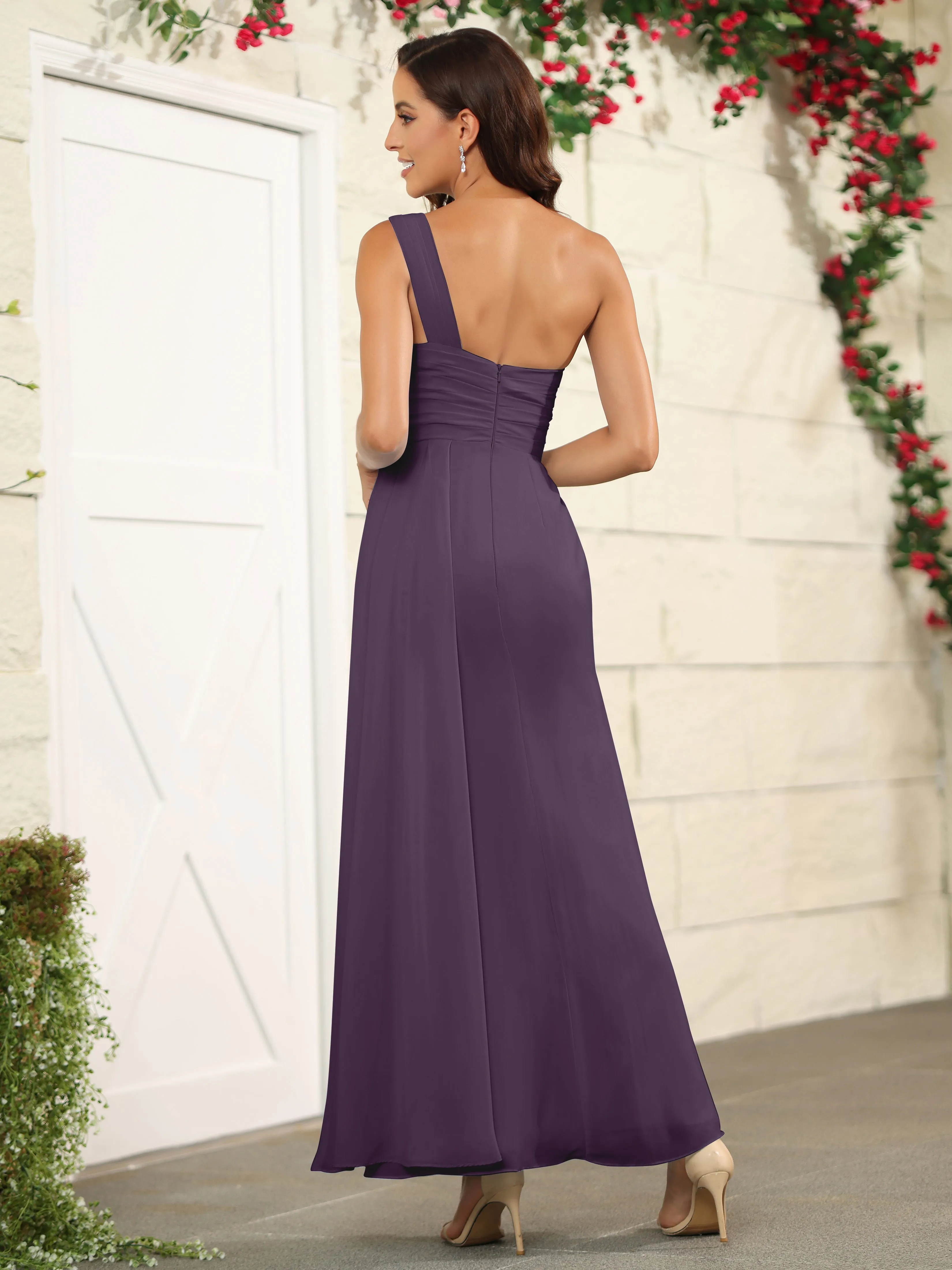 One Shoulder Chiffon Long Bridesmaid Dress with Split