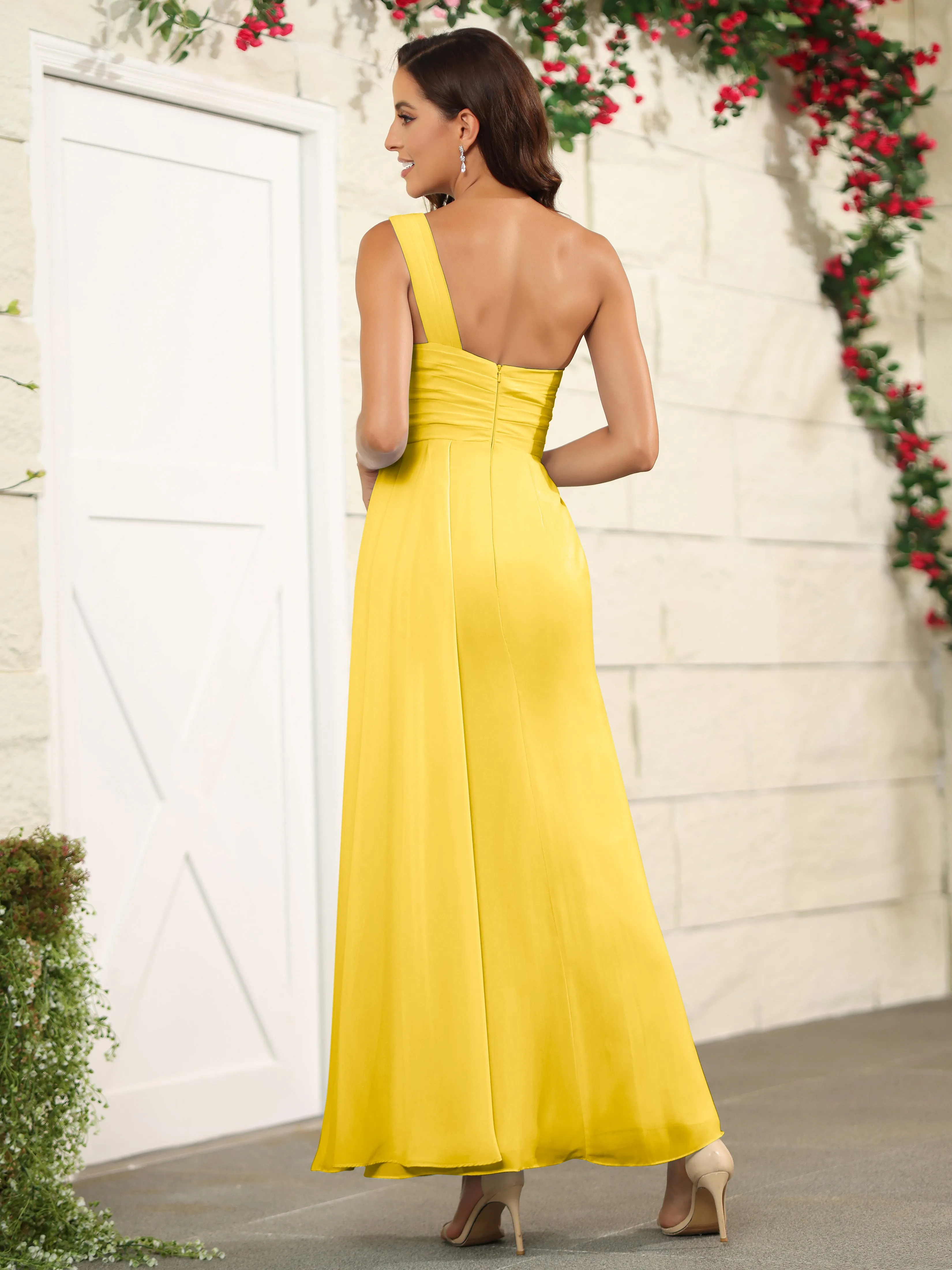 One Shoulder Chiffon Long Bridesmaid Dress with Split