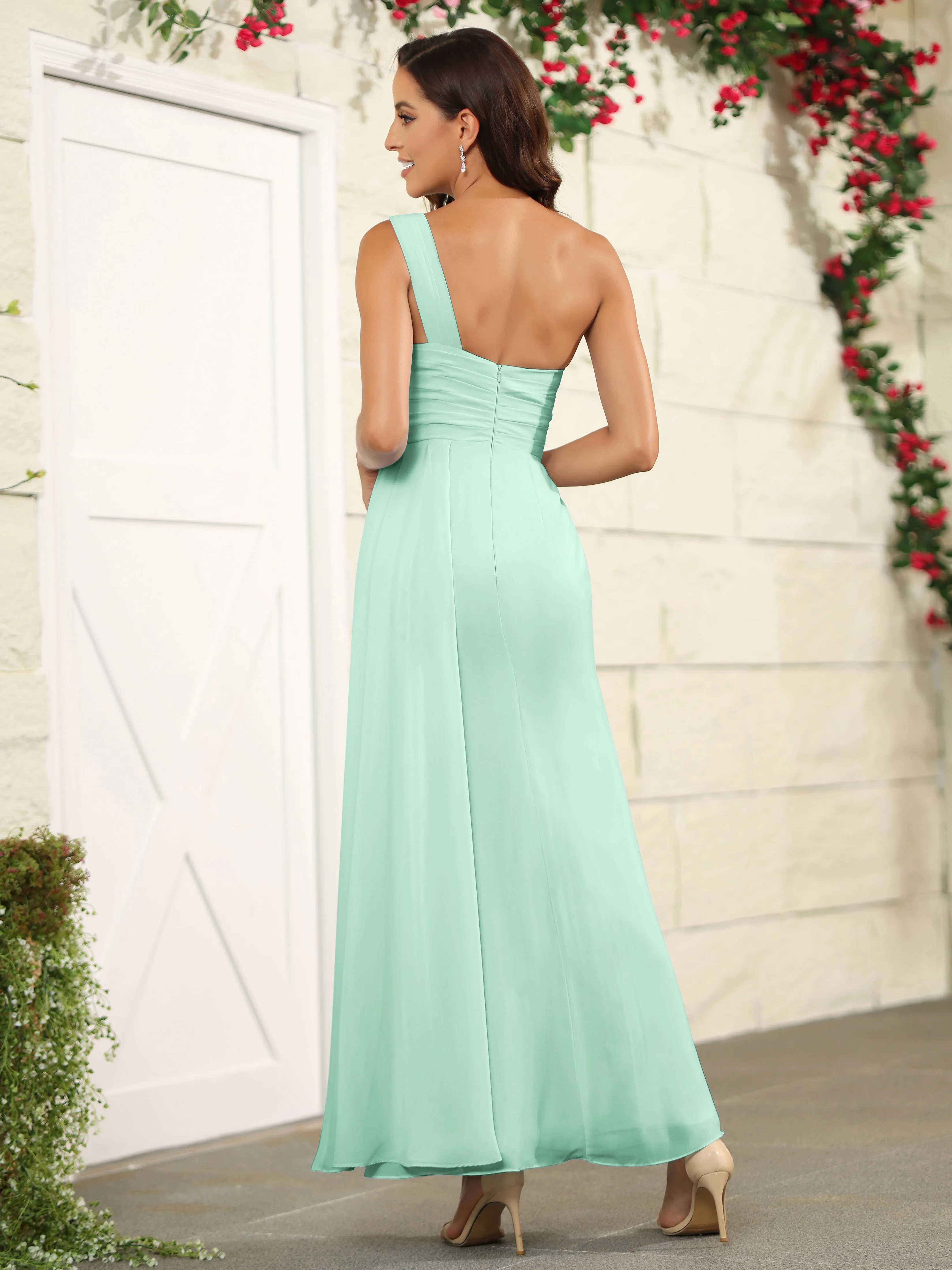 One Shoulder Chiffon Long Bridesmaid Dress with Split