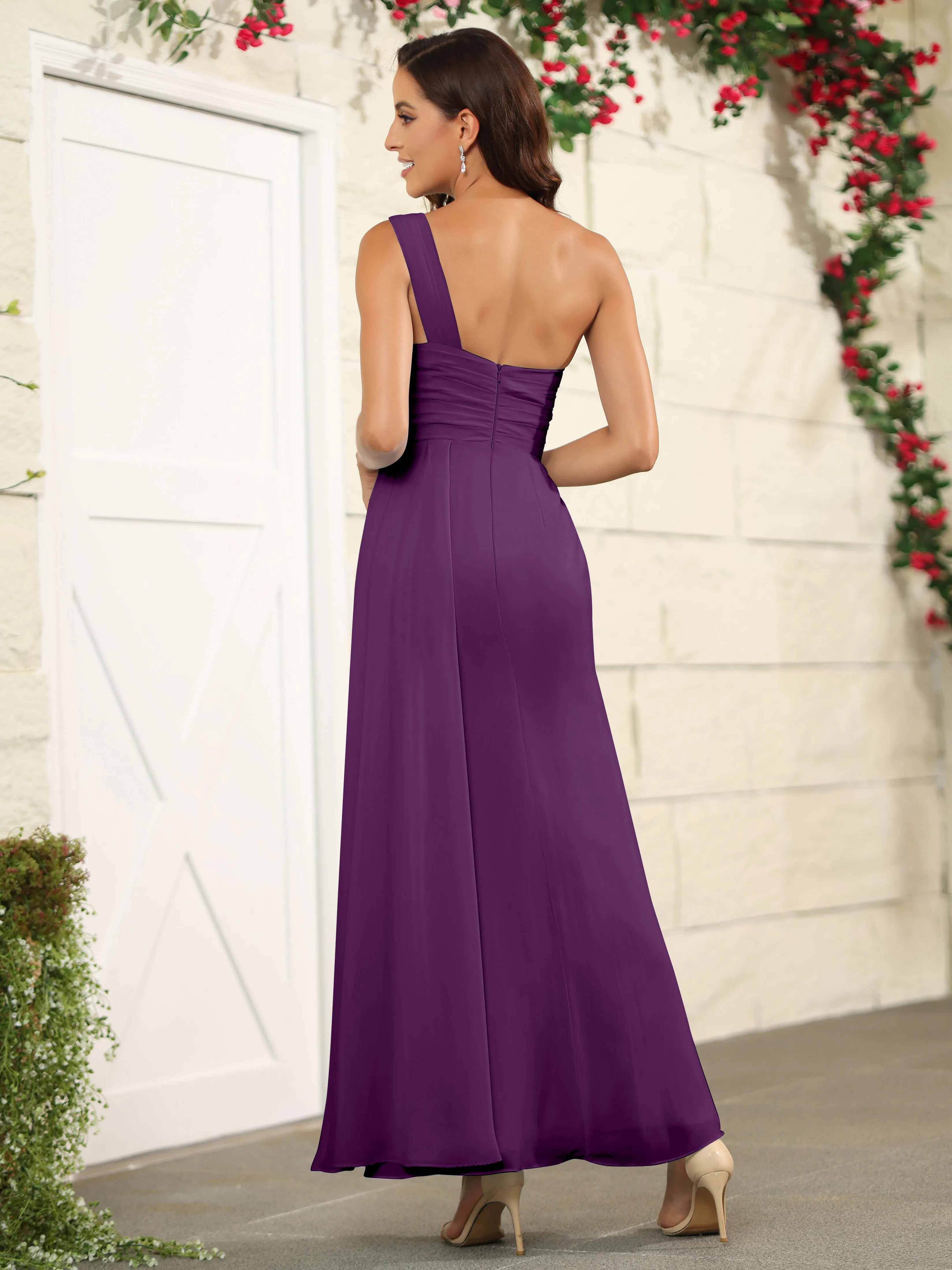 One Shoulder Chiffon Long Bridesmaid Dress with Split