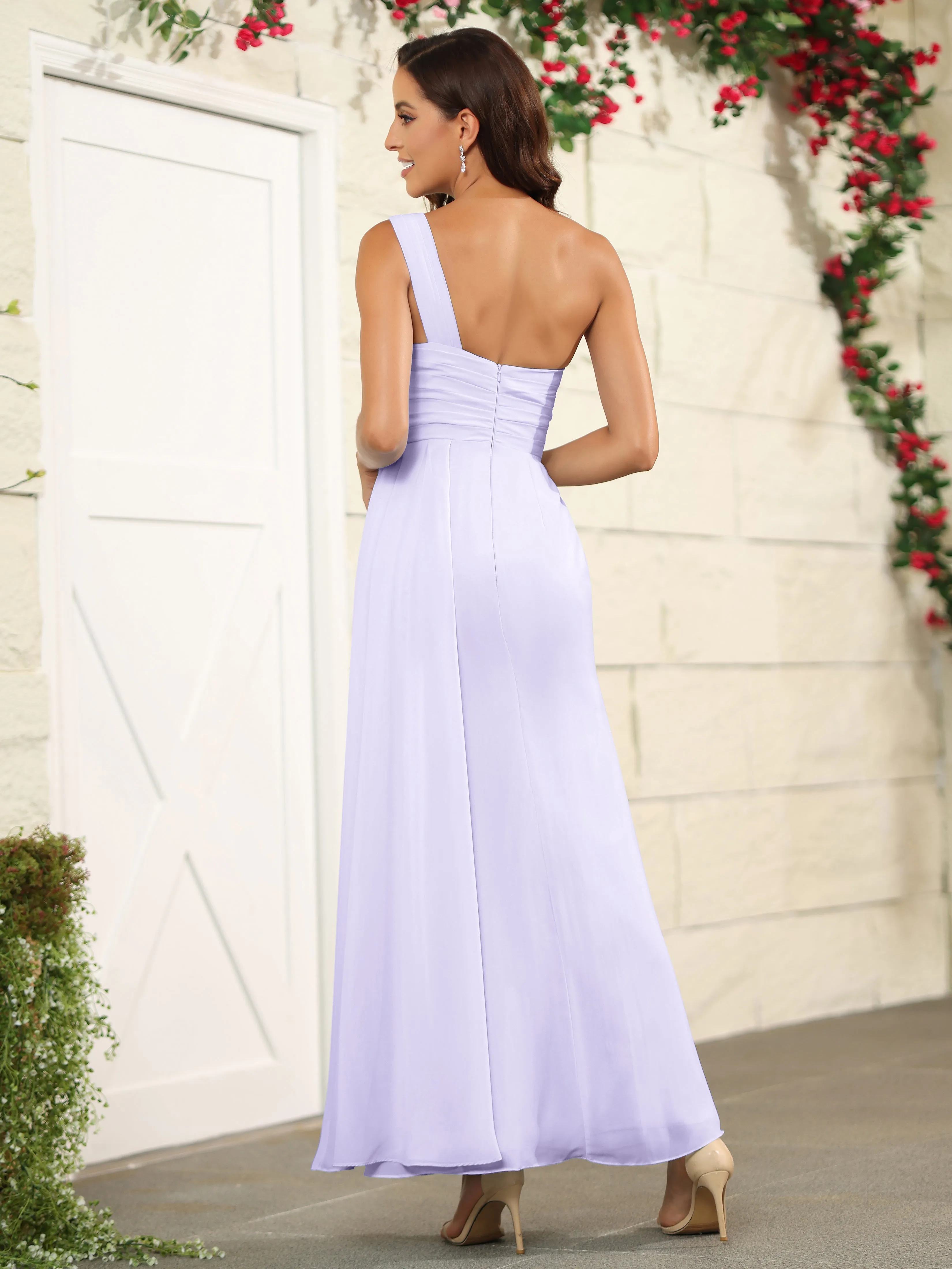 One Shoulder Chiffon Long Bridesmaid Dress with Split
