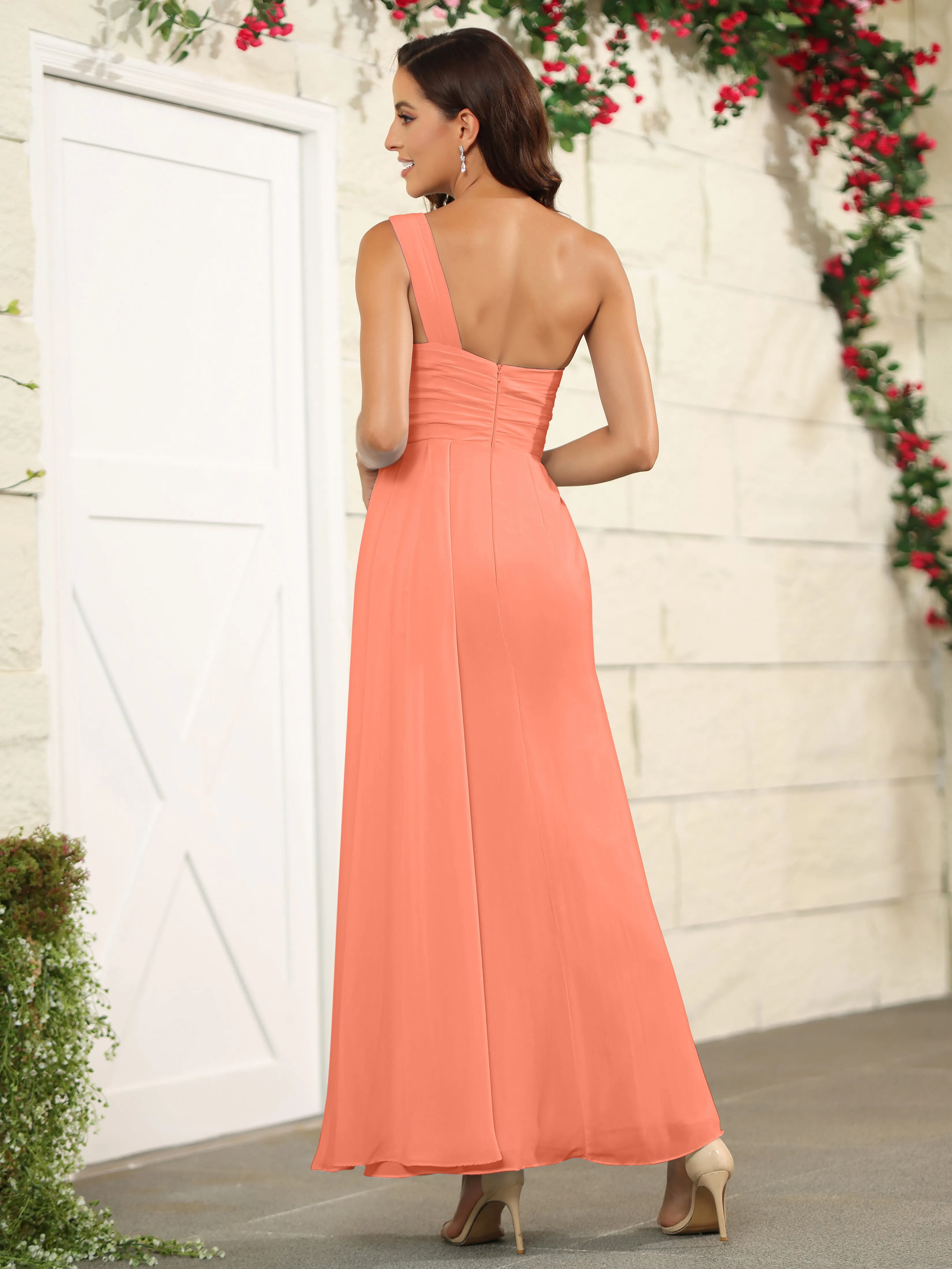 One Shoulder Chiffon Long Bridesmaid Dress with Split