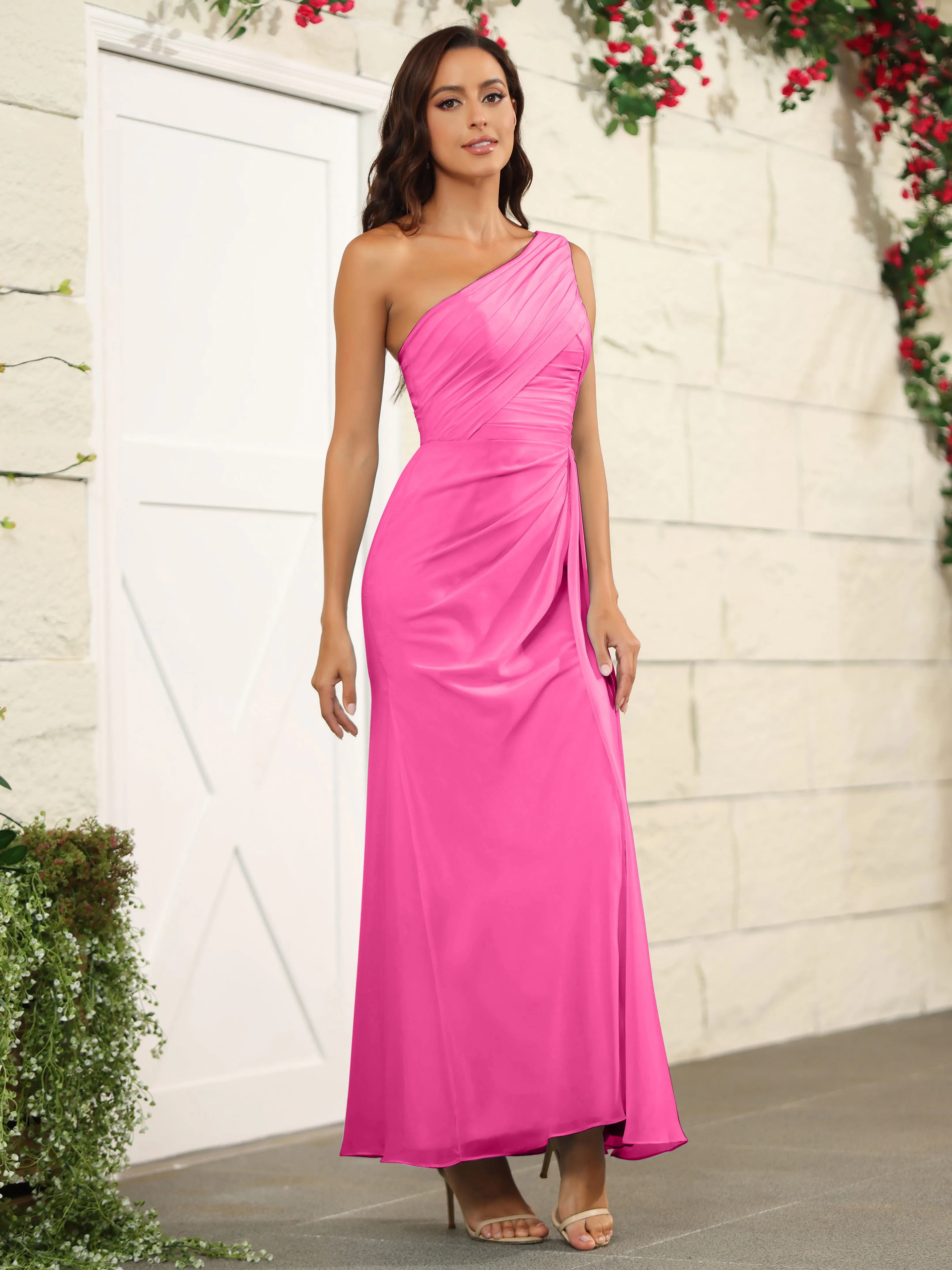 One Shoulder Chiffon Long Bridesmaid Dress with Split