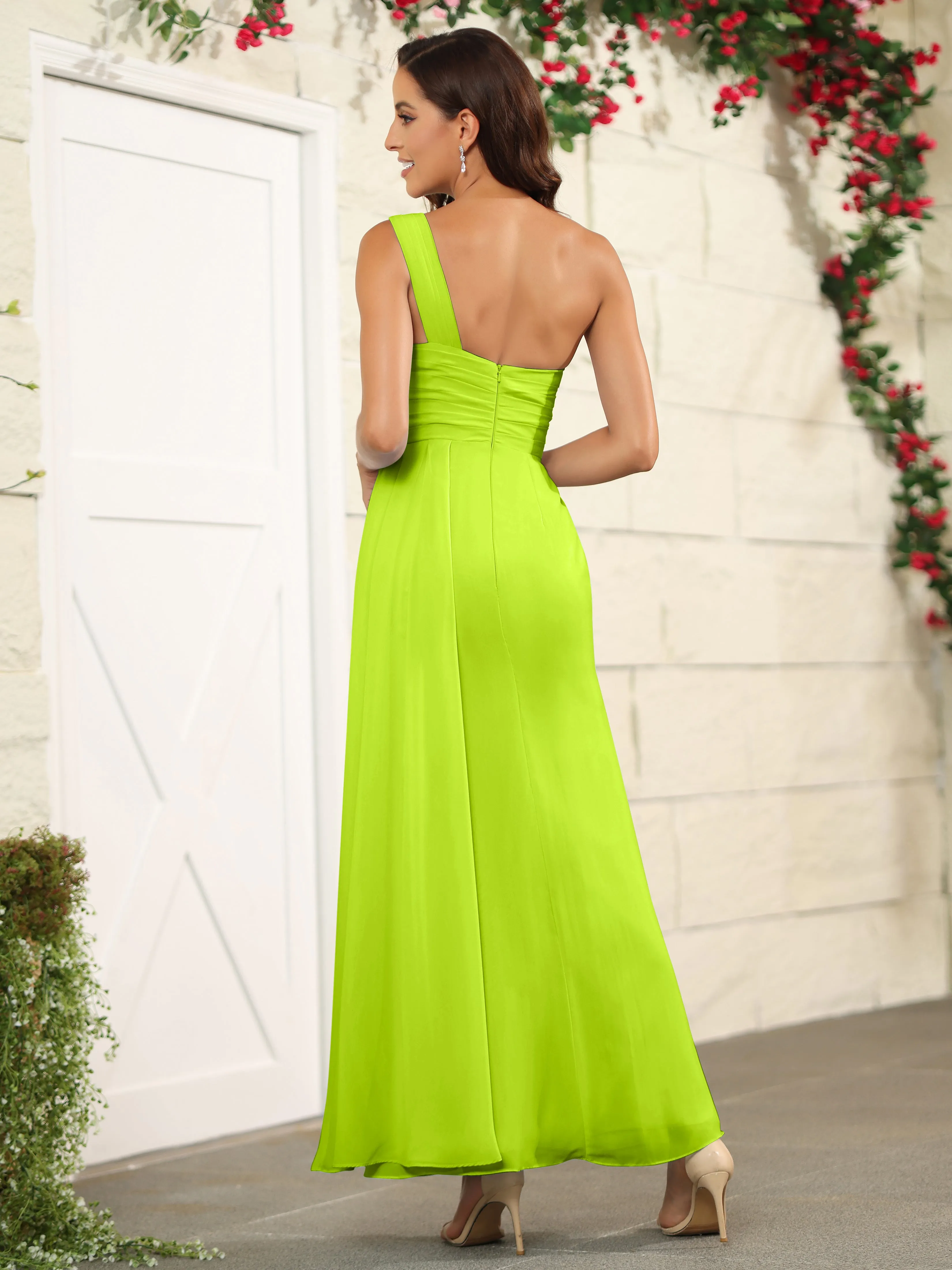 One Shoulder Chiffon Long Bridesmaid Dress with Split